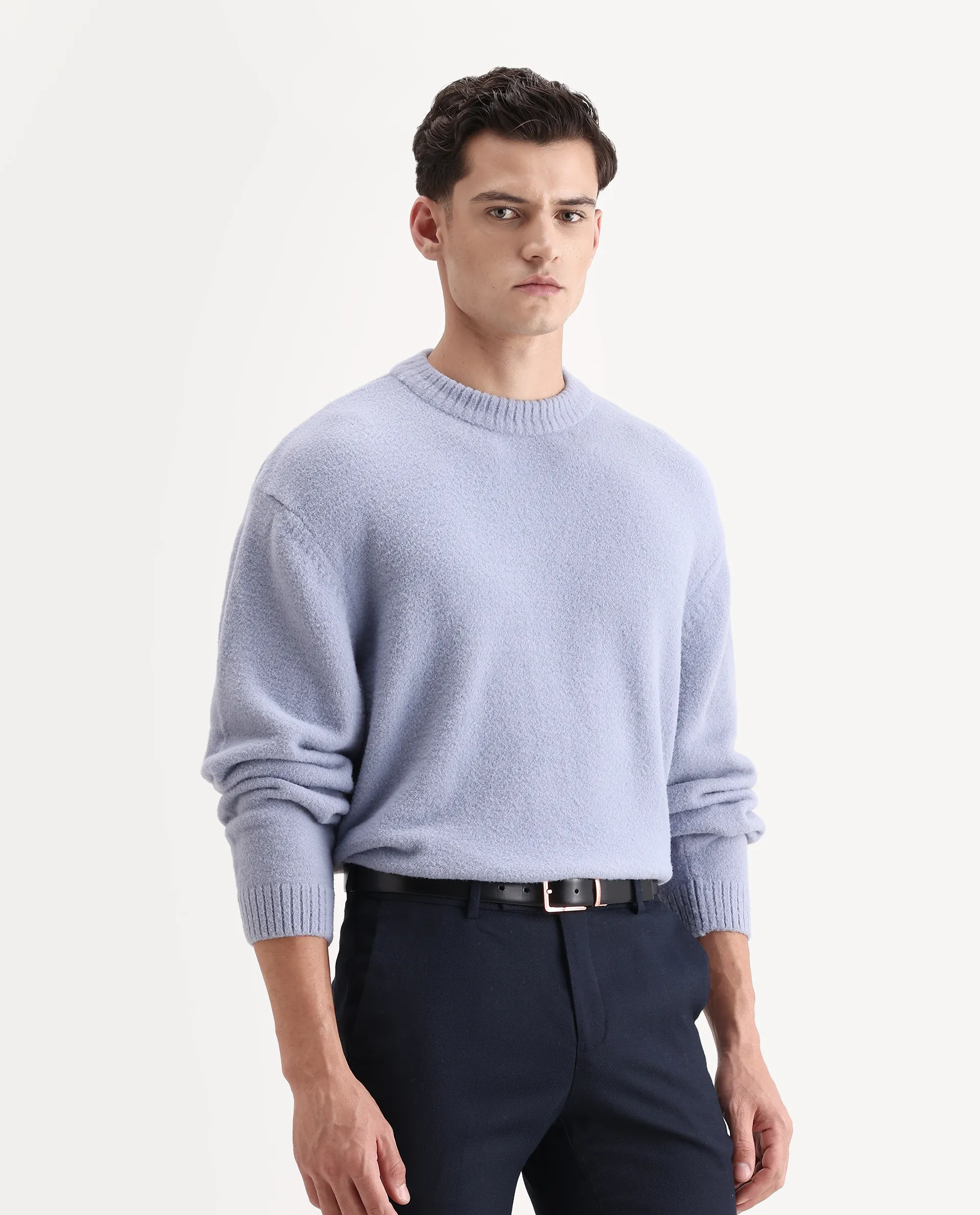 Rare Rabbit Men's Zeo 1 Light Grey Nylon Plain Regular Fit Full Sleeve Crew Neck Sweater - Image 6