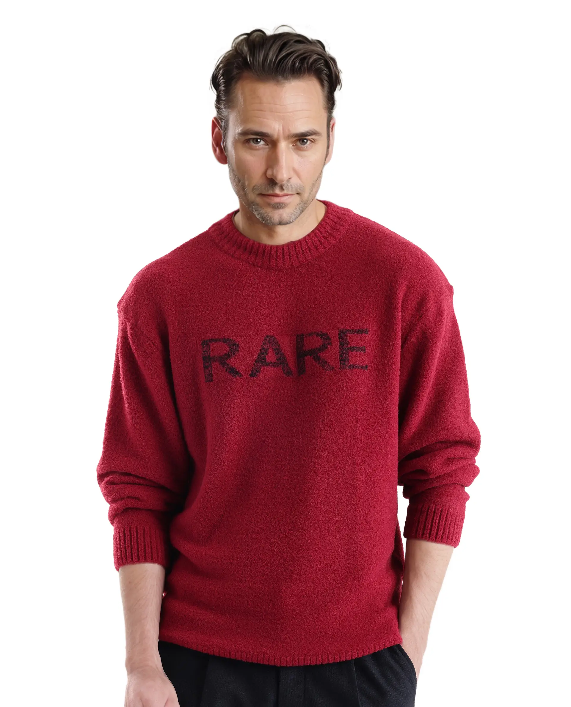 Rare Rabbit Men's Zeo Dark Red Cotton Plain Regular Fit Full Sleeve Crew Neck Sweater