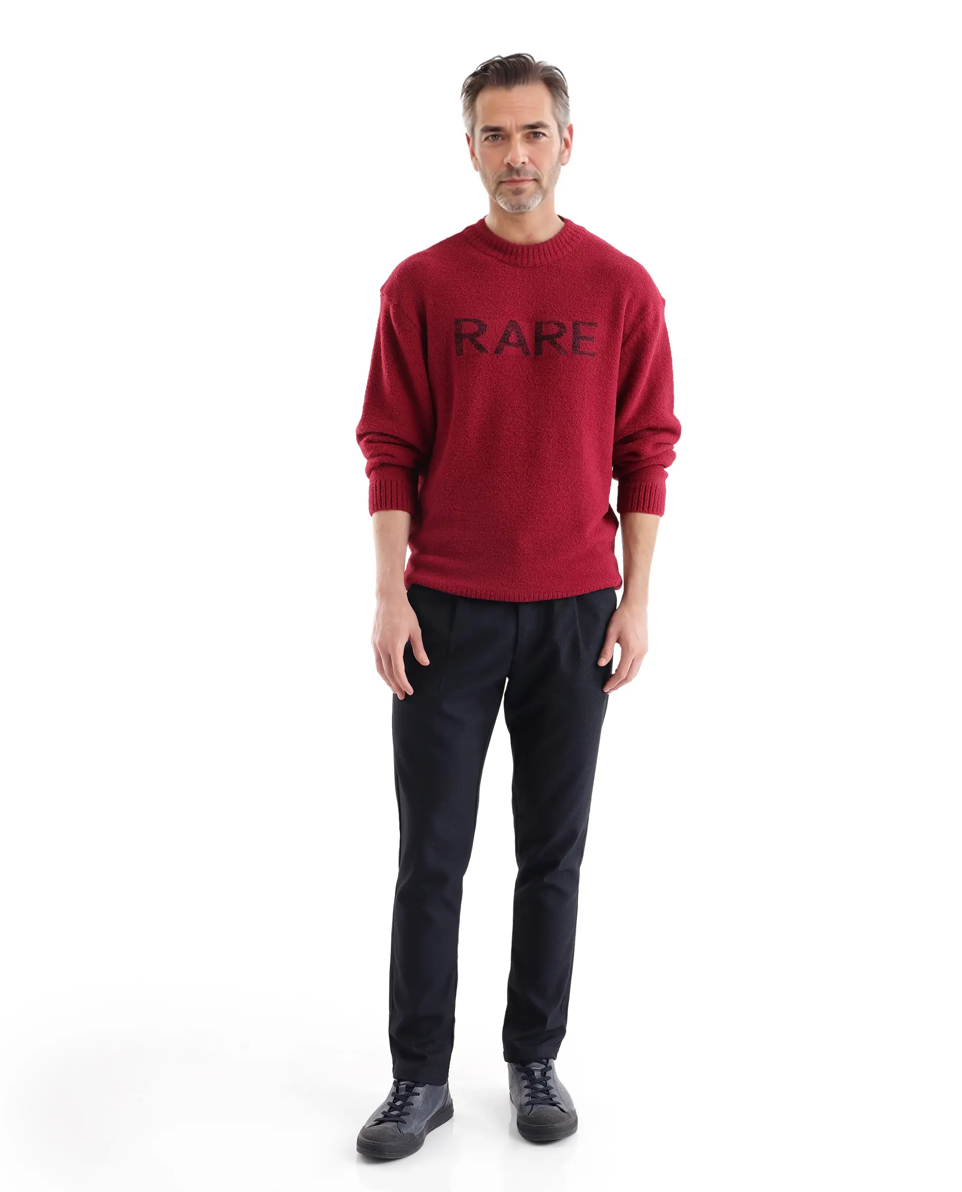 Rare Rabbit Men's Zeo Dark Red Cotton Plain Regular Fit Full Sleeve Crew Neck Sweater - Image 2