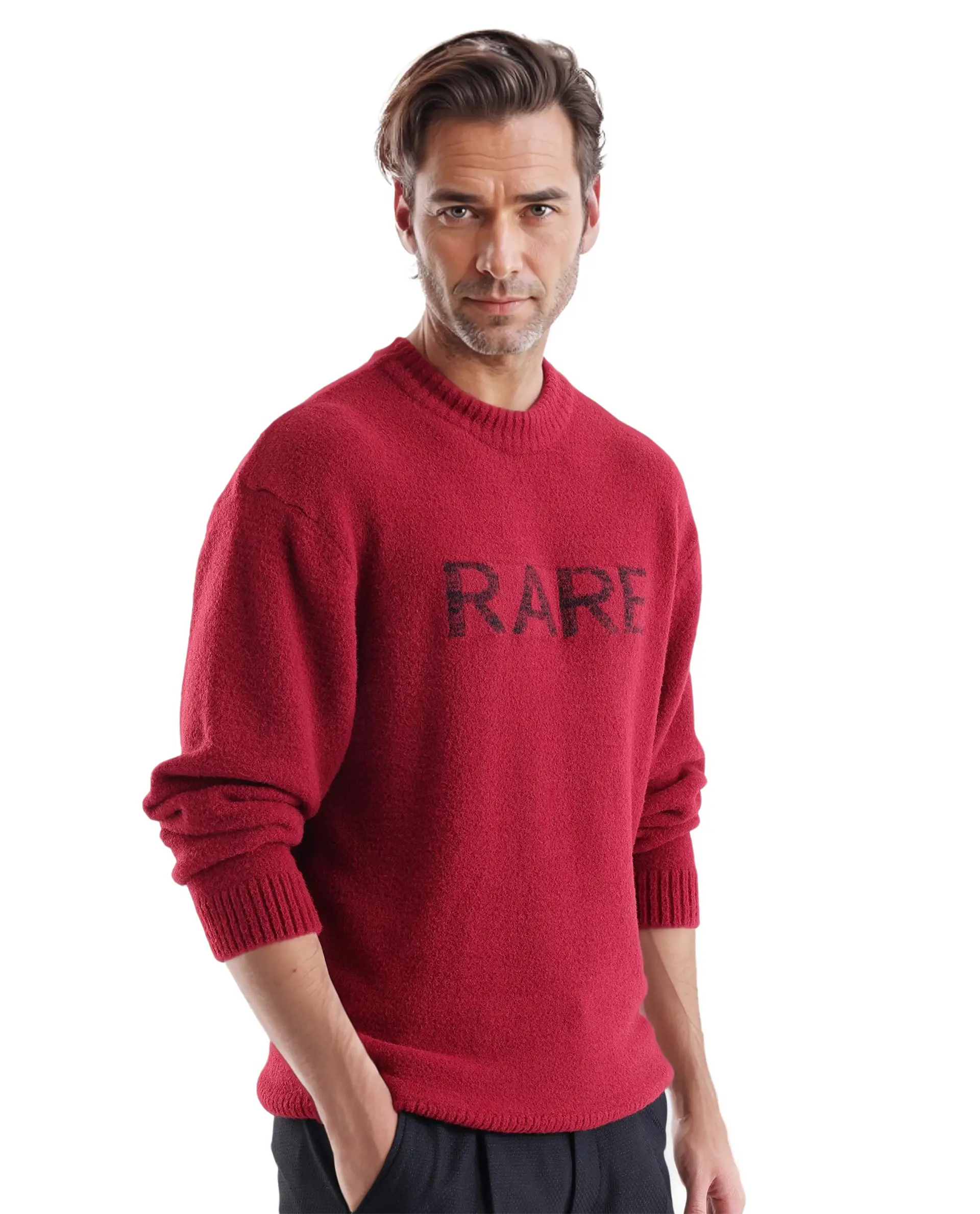 Rare Rabbit Men's Zeo Dark Red Cotton Plain Regular Fit Full Sleeve Crew Neck Sweater - Image 6