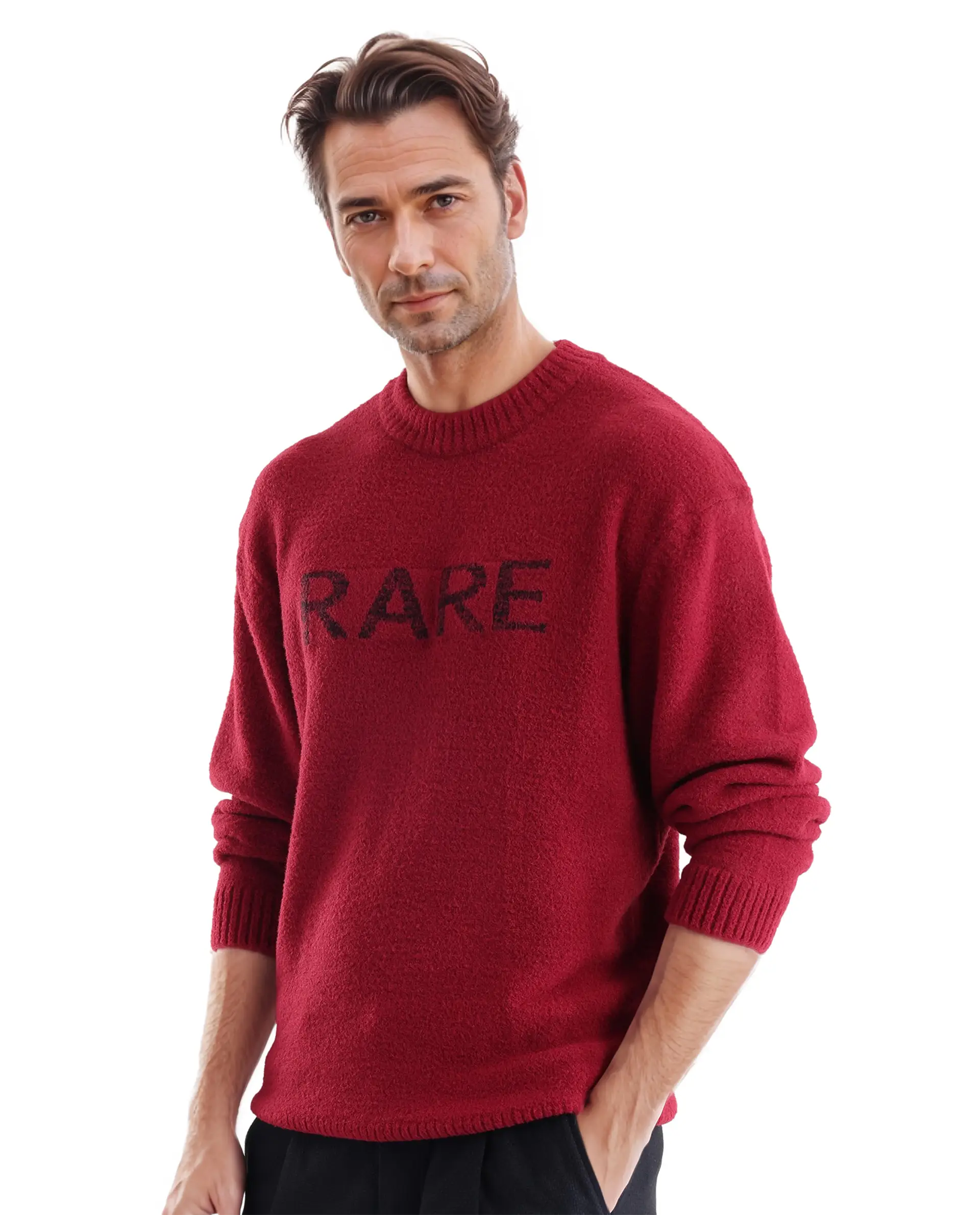 Rare Rabbit Men's Zeo Dark Red Cotton Plain Regular Fit Full Sleeve Crew Neck Sweater - Image 7