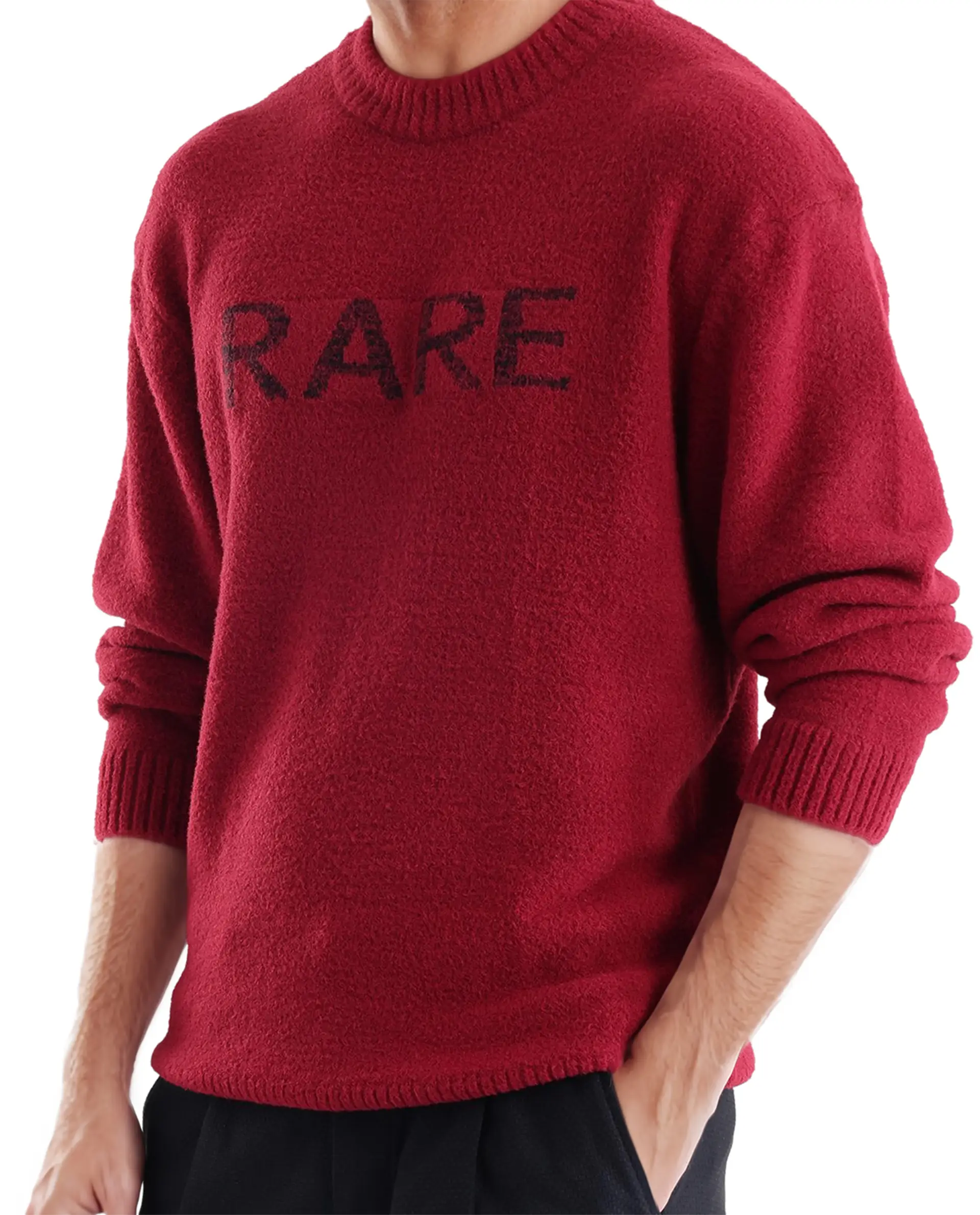Rare Rabbit Men's Zeo Dark Red Cotton Plain Regular Fit Full Sleeve Crew Neck Sweater - Image 8