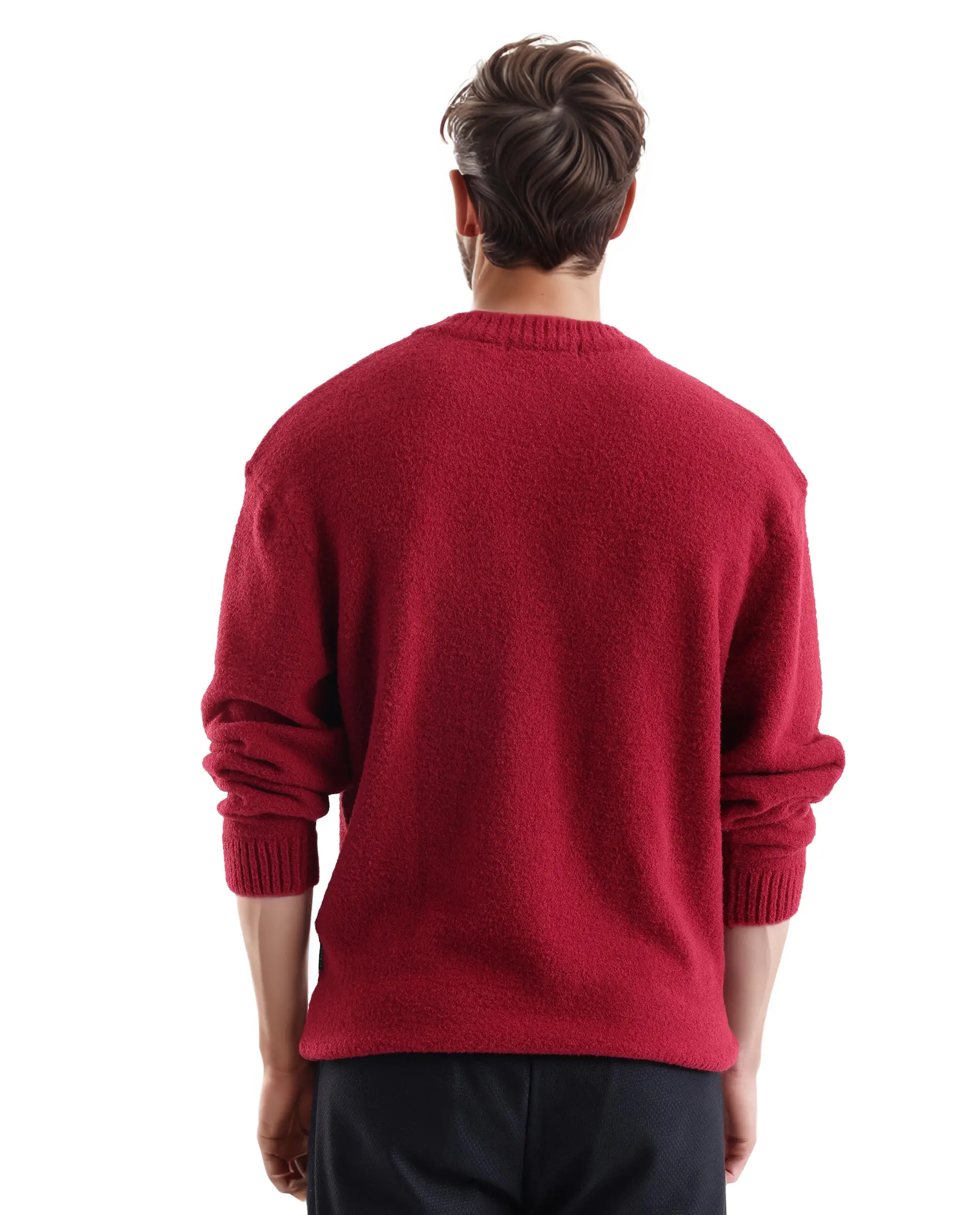Rare Rabbit Men's Zeo Dark Red Cotton Plain Regular Fit Full Sleeve Crew Neck Sweater - Image 9
