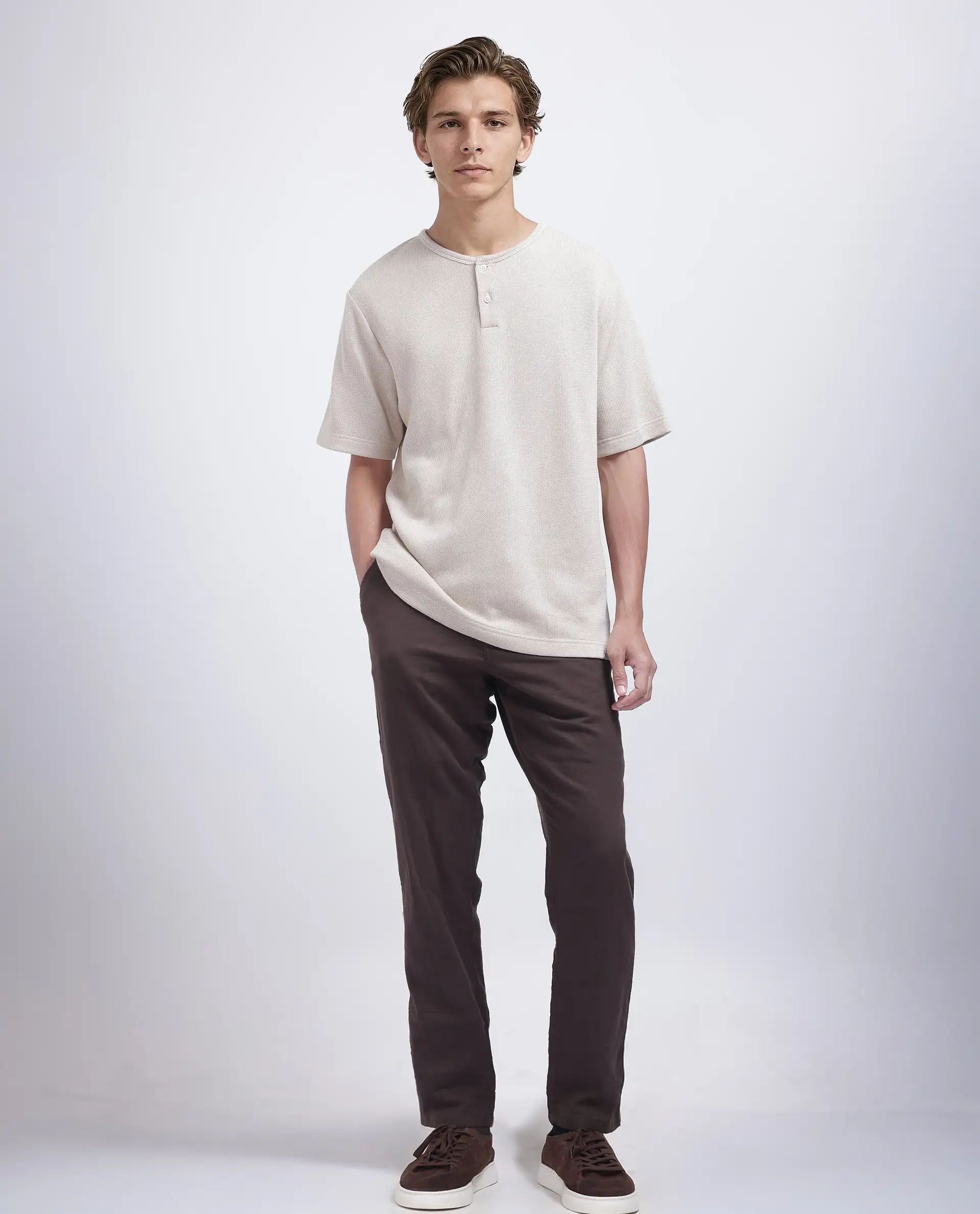 Rare Rabbit Men's Zeph Beige Polyester Blend Textured Boxy Fit Half Sleeve Henley Neck T-Shirt - Image 2
