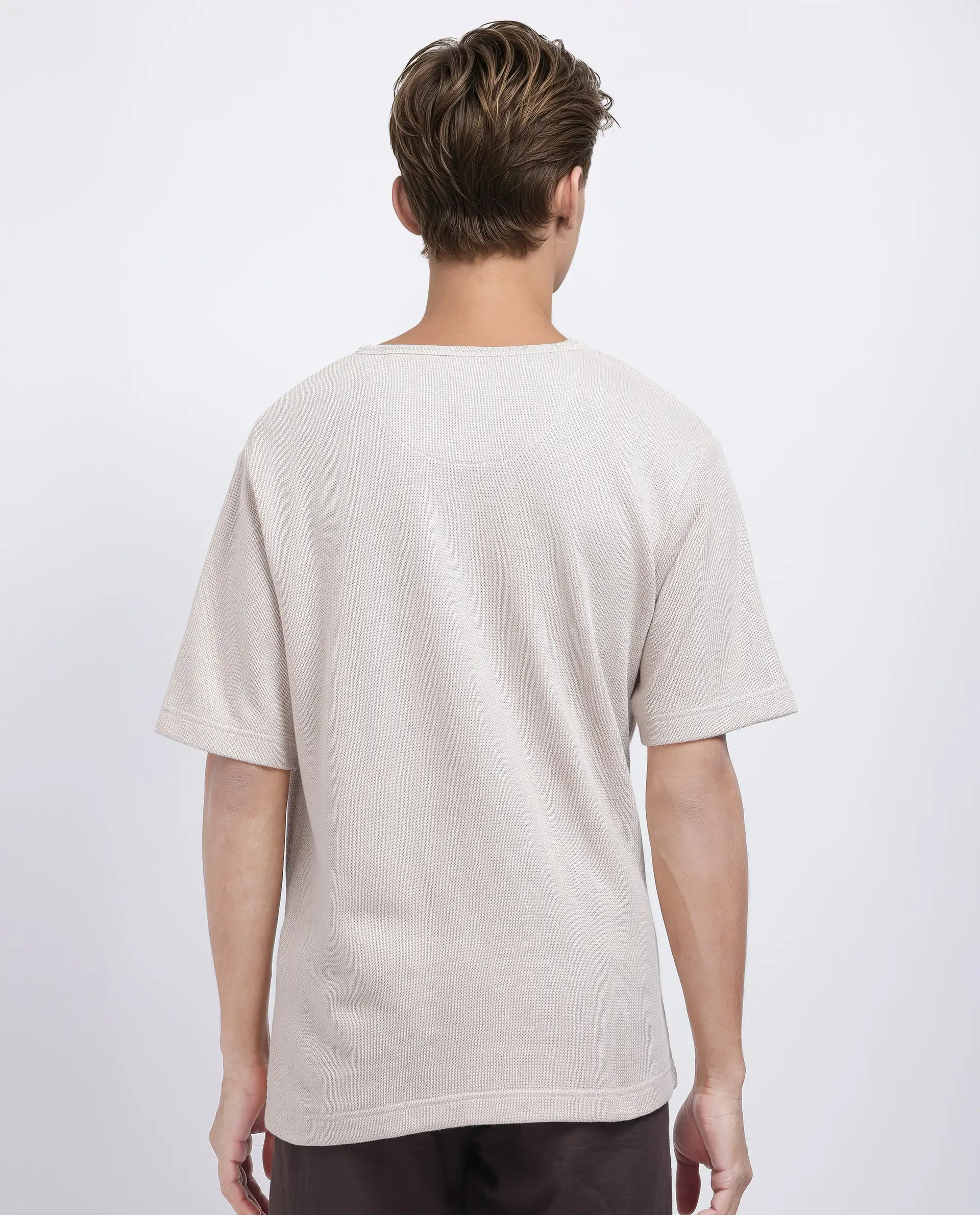 Rare Rabbit Men's Zeph Beige Polyester Blend Textured Boxy Fit Half Sleeve Henley Neck T-Shirt - Image 3
