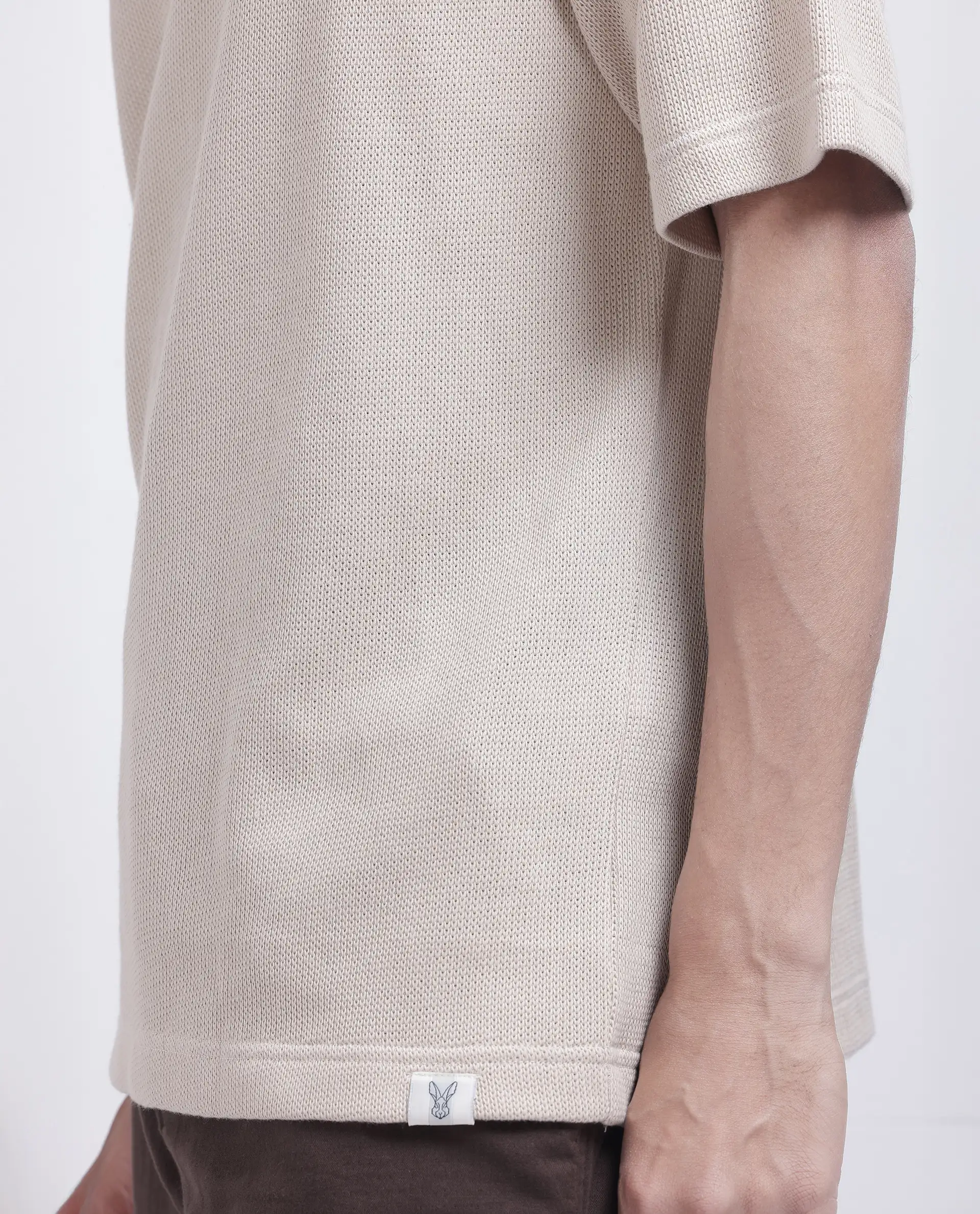 Rare Rabbit Men's Zeph Beige Polyester Blend Textured Boxy Fit Half Sleeve Henley Neck T-Shirt - Image 4