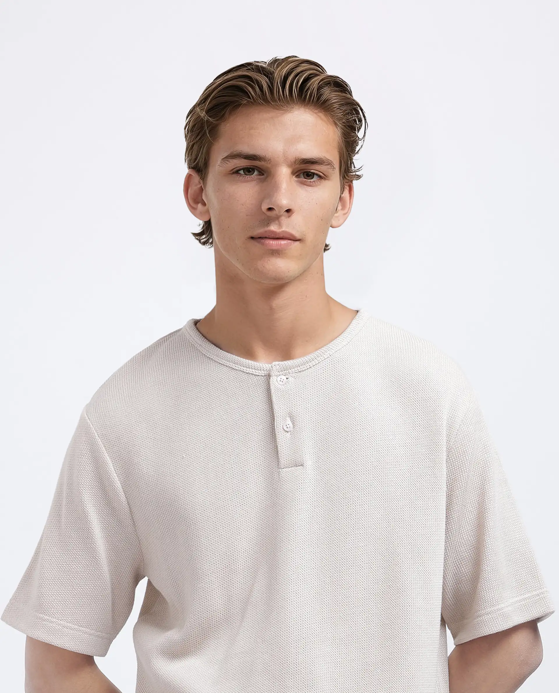 Rare Rabbit Men's Zeph Beige Polyester Blend Textured Boxy Fit Half Sleeve Henley Neck T-Shirt - Image 5