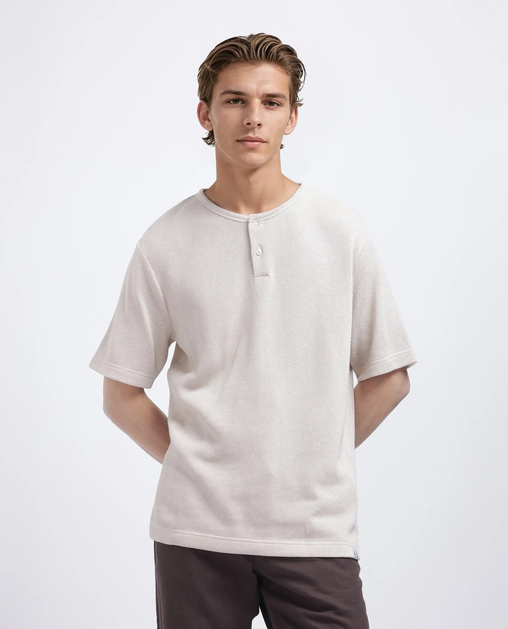 Rare Rabbit Men's Zeph Beige Polyester Blend Textured Boxy Fit Half Sleeve Henley Neck T-Shirt - Image 6