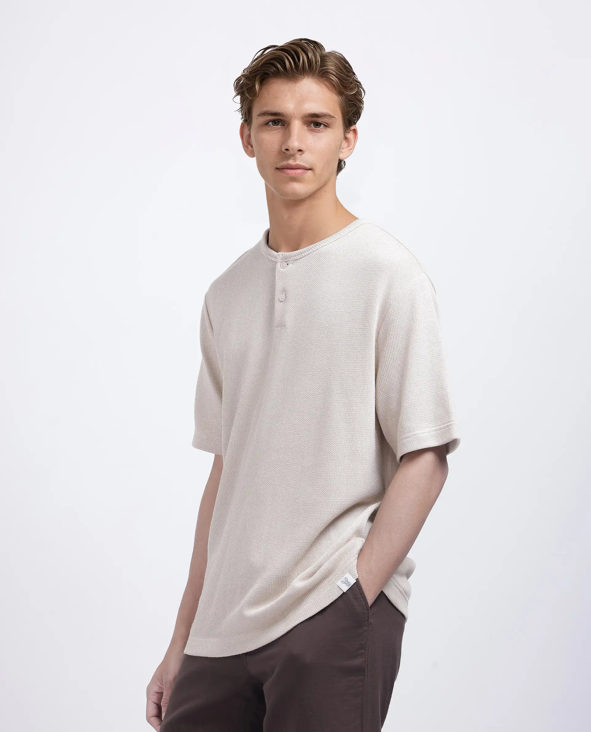 Rare Rabbit Men's Zeph Beige Polyester Blend Textured Boxy Fit Half Sleeve Henley Neck T-Shirt - Image 7