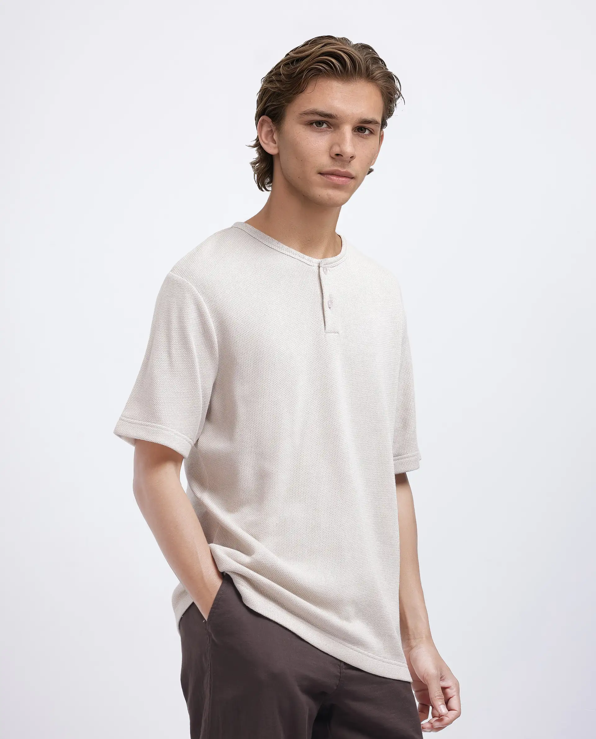 Rare Rabbit Men's Zeph Beige Polyester Blend Textured Boxy Fit Half Sleeve Henley Neck T-Shirt - Image 8