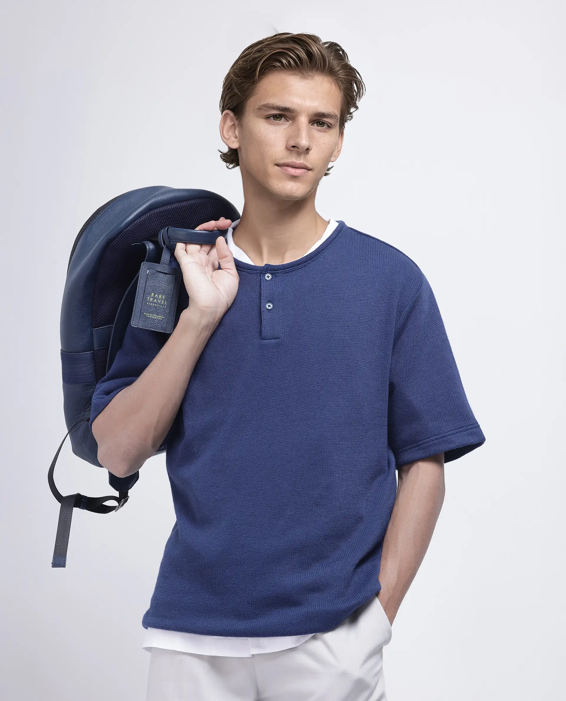 Rare Rabbit Men's Zeph Navy Polyester Blend Textured Boxy Fit Half Sleeve Henley Neck T-Shirt - Image 2