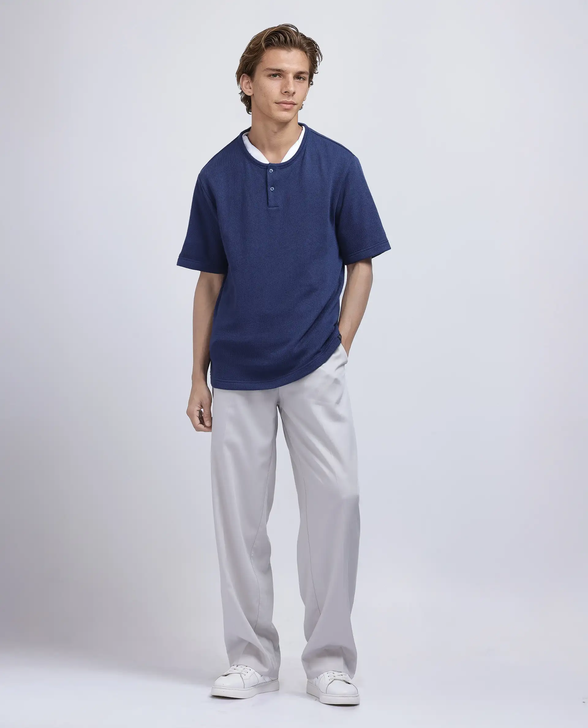 Rare Rabbit Men's Zeph Navy Polyester Blend Textured Boxy Fit Half Sleeve Henley Neck T-Shirt - Image 3