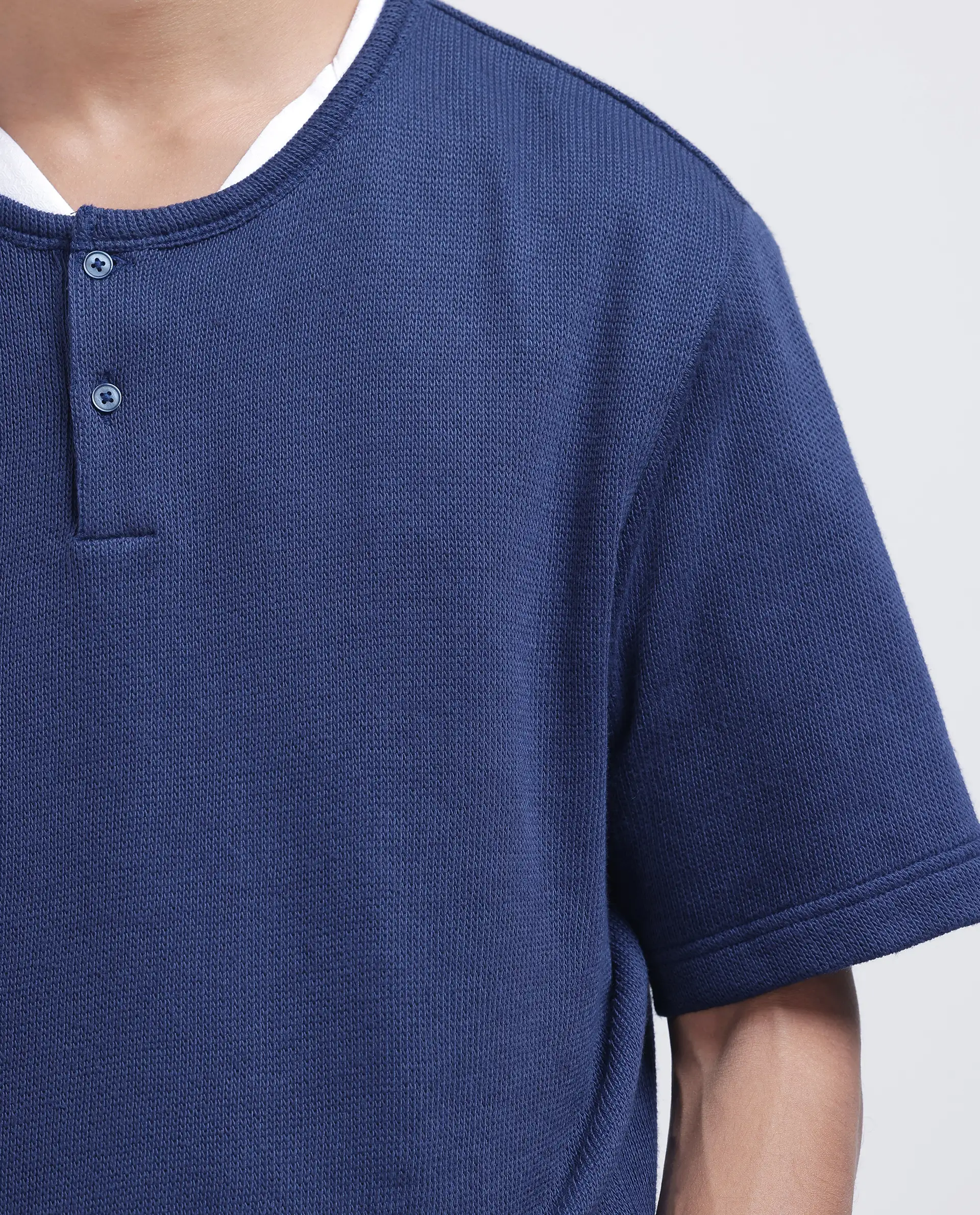 Rare Rabbit Men's Zeph Navy Polyester Blend Textured Boxy Fit Half Sleeve Henley Neck T-Shirt - Image 4