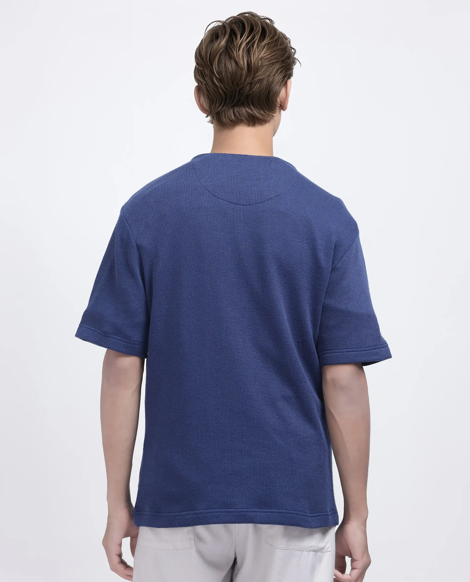 Rare Rabbit Men's Zeph Navy Polyester Blend Textured Boxy Fit Half Sleeve Henley Neck T-Shirt - Image 5