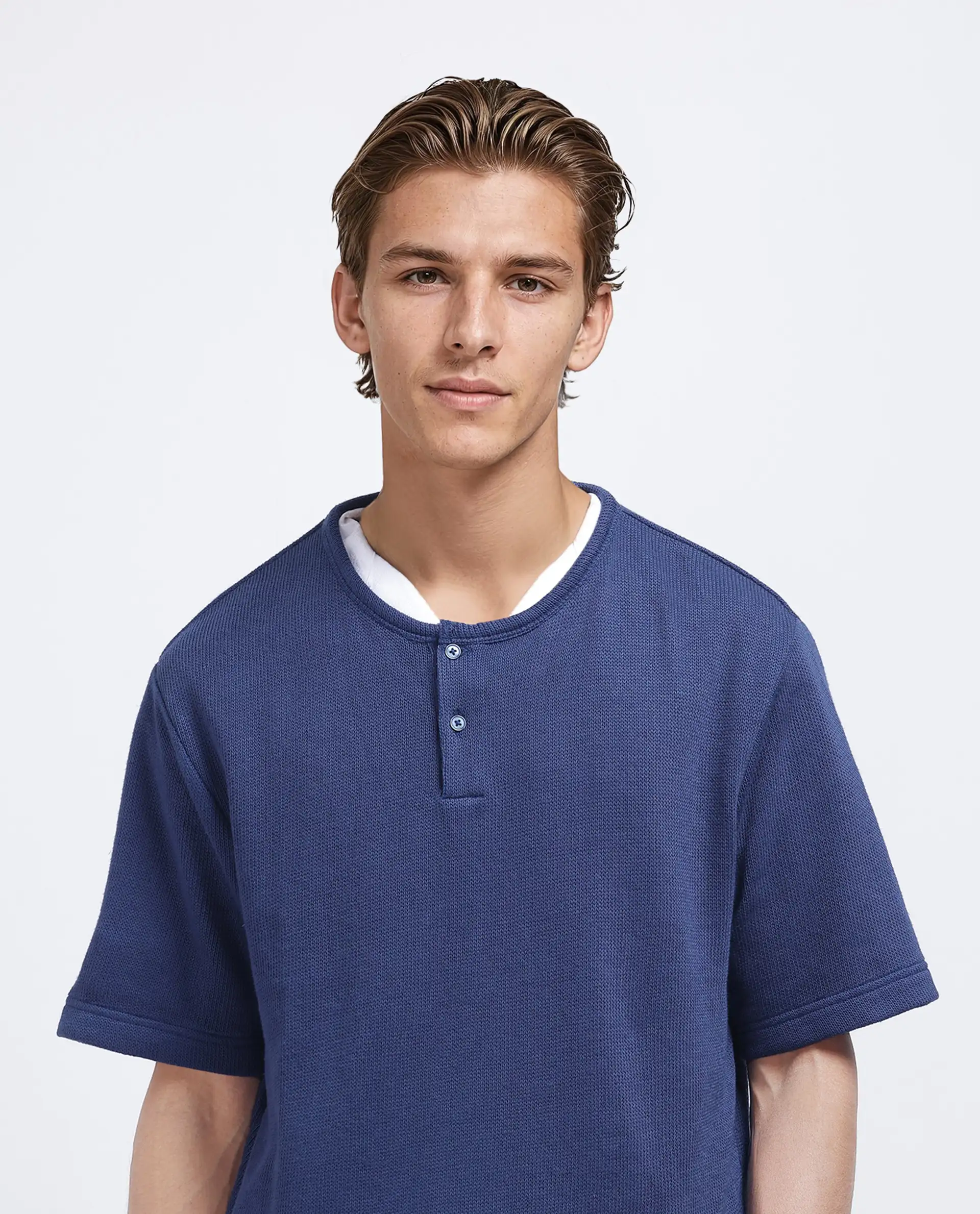 Rare Rabbit Men's Zeph Navy Polyester Blend Textured Boxy Fit Half Sleeve Henley Neck T-Shirt - Image 6