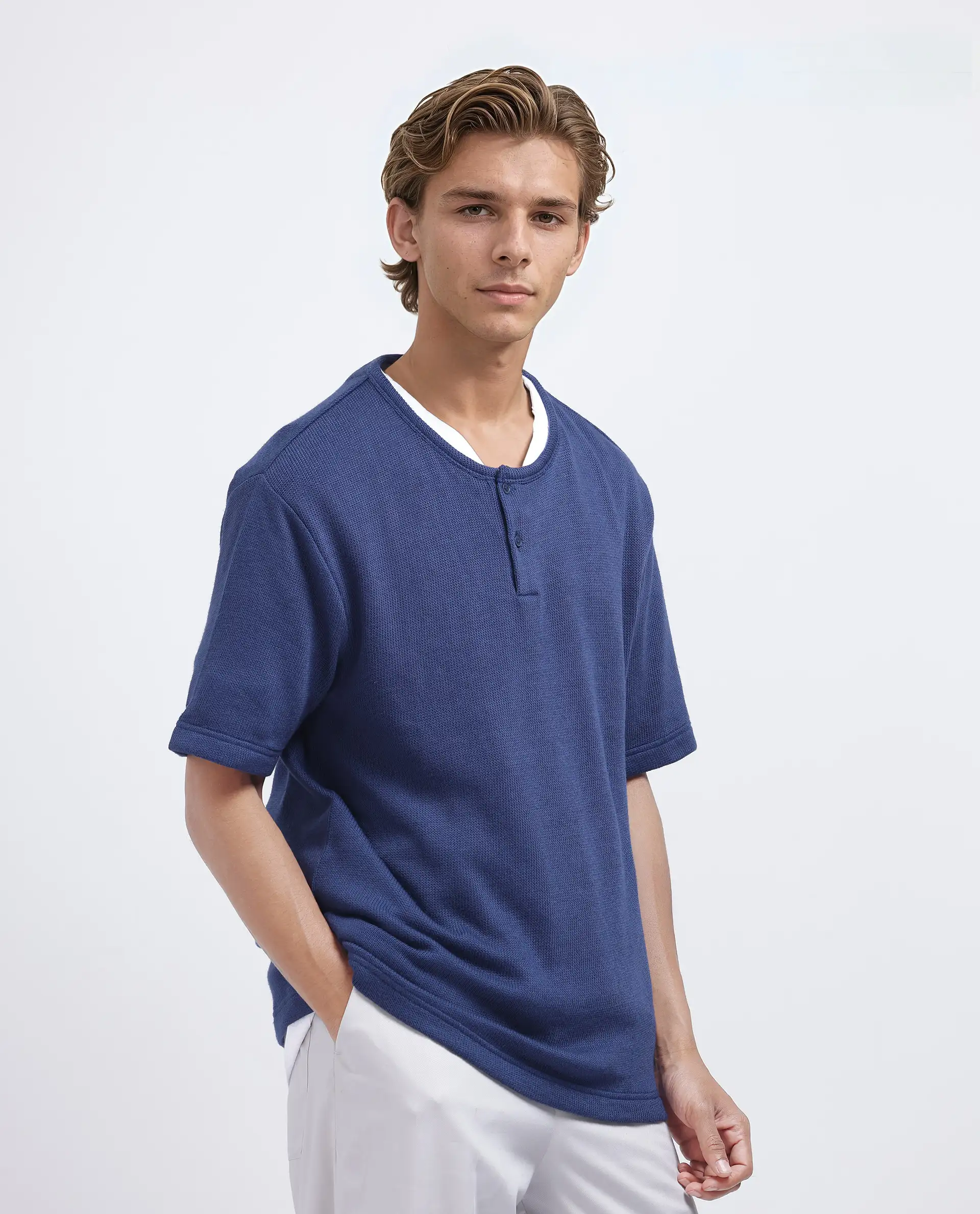 Rare Rabbit Men's Zeph Navy Polyester Blend Textured Boxy Fit Half Sleeve Henley Neck T-Shirt - Image 7