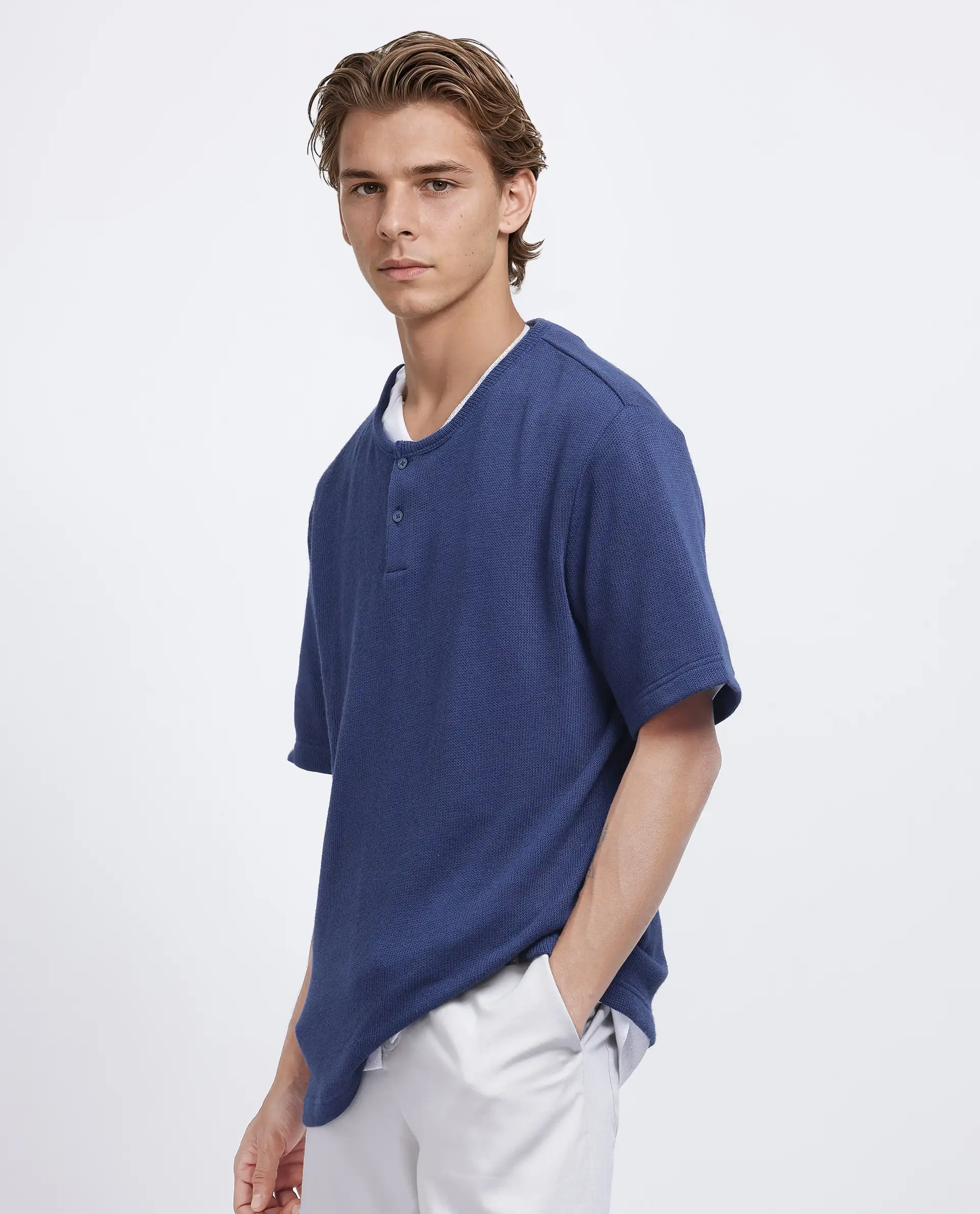 Rare Rabbit Men's Zeph Navy Polyester Blend Textured Boxy Fit Half Sleeve Henley Neck T-Shirt - Image 8