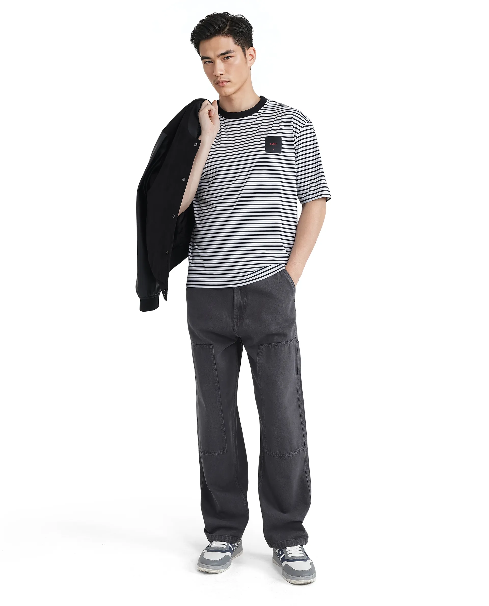 Rare Rabbit Men's Zeph White Cotton Striped Print Boxy Fit Half Sleeve Crew Neck T-Shirt - Image 2