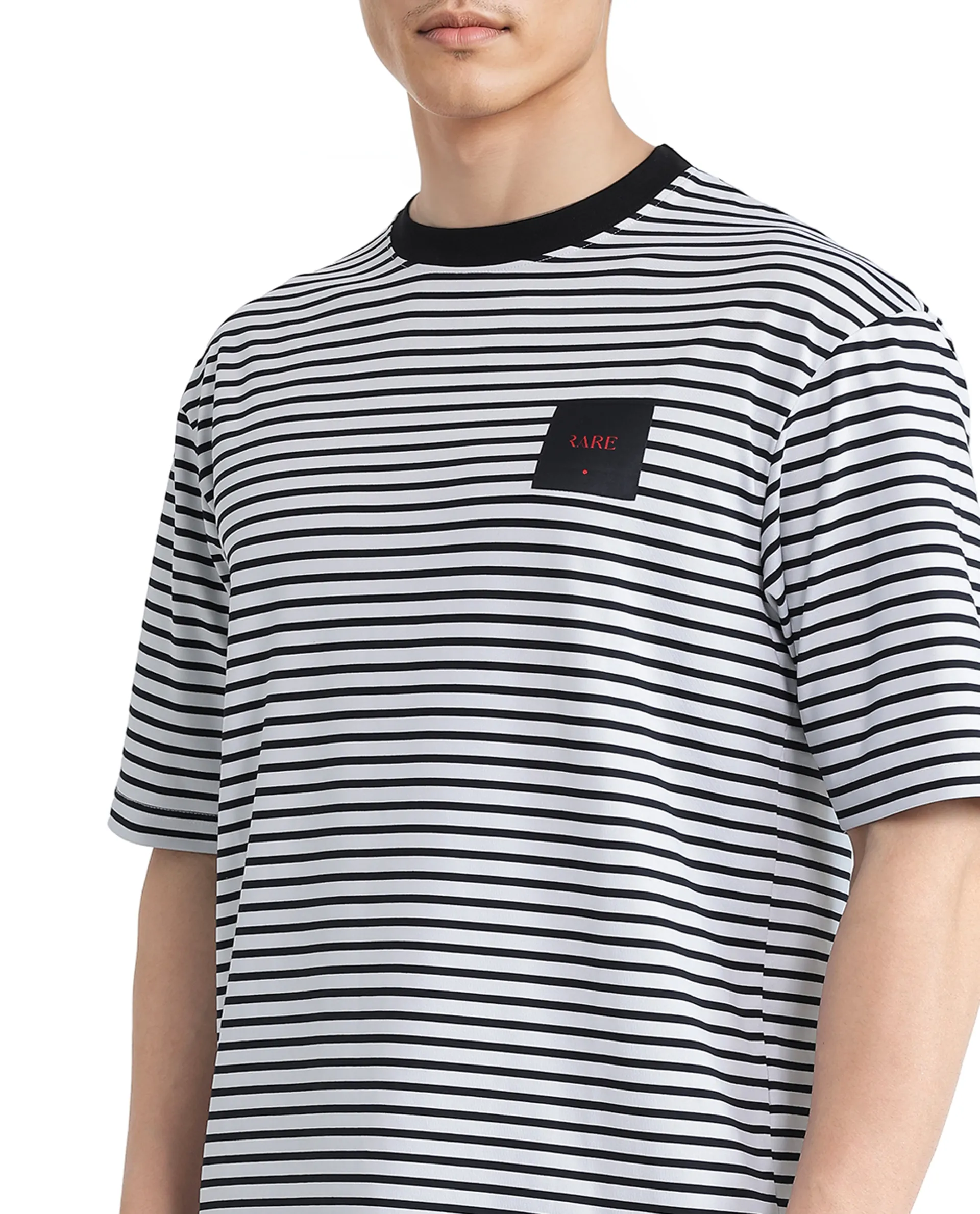 Rare Rabbit Men's Zeph White Cotton Striped Print Boxy Fit Half Sleeve Crew Neck T-Shirt - Image 3
