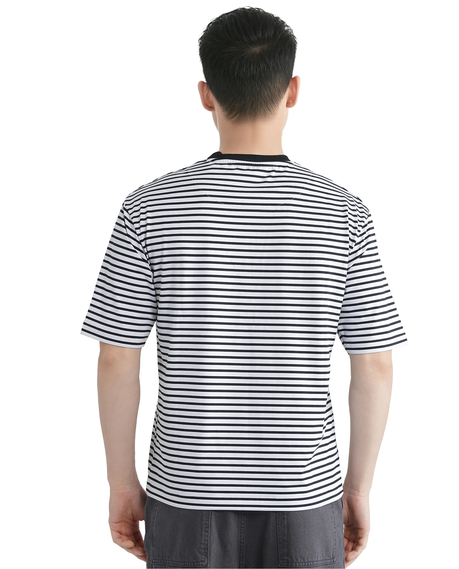 Rare Rabbit Men's Zeph White Cotton Striped Print Boxy Fit Half Sleeve Crew Neck T-Shirt - Image 4