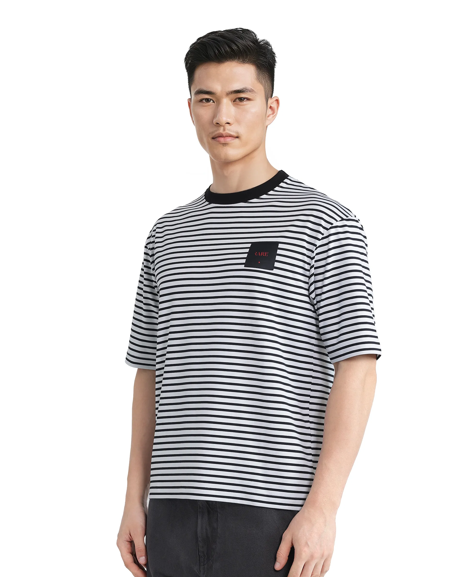 Rare Rabbit Men's Zeph White Cotton Striped Print Boxy Fit Half Sleeve Crew Neck T-Shirt - Image 5