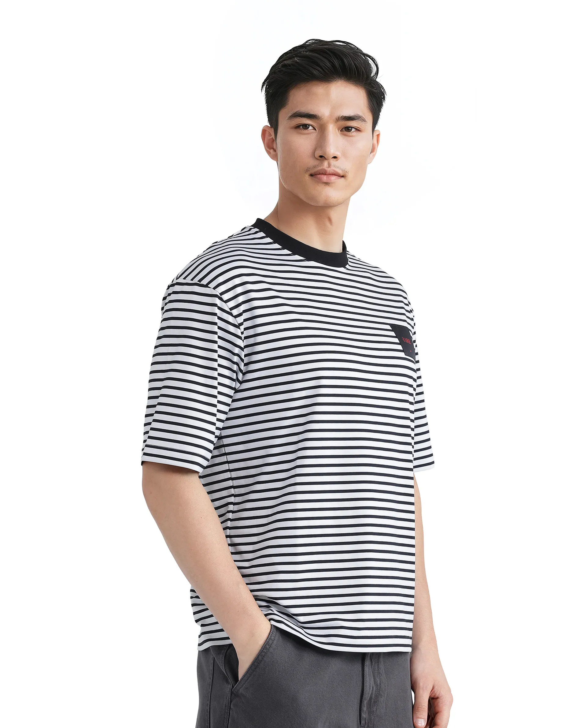 Rare Rabbit Men's Zeph White Cotton Striped Print Boxy Fit Half Sleeve Crew Neck T-Shirt - Image 6