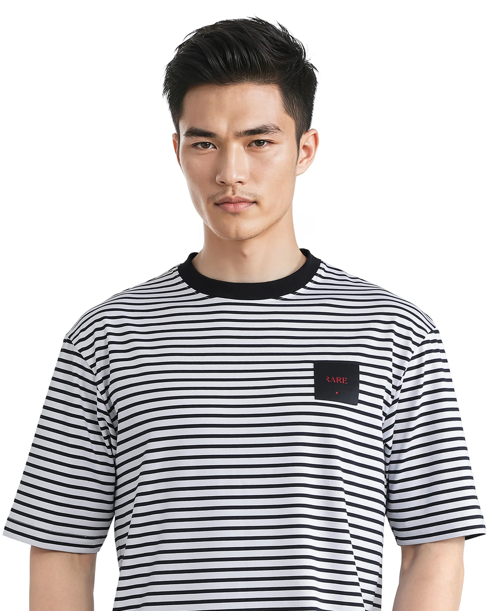 Rare Rabbit Men's Zeph White Cotton Striped Print Boxy Fit Half Sleeve Crew Neck T-Shirt - Image 7