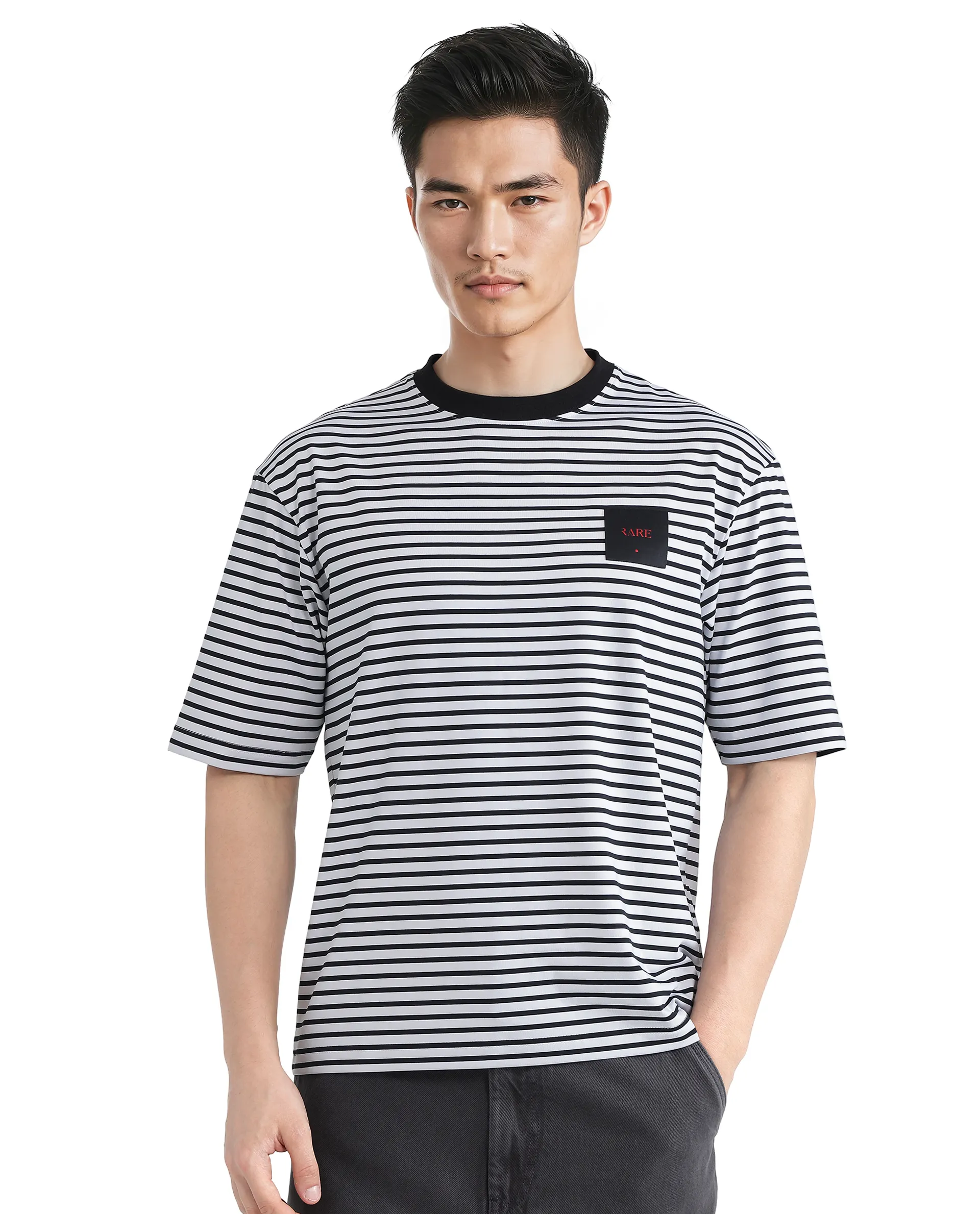 Rare Rabbit Men's Zeph White Cotton Striped Print Boxy Fit Half Sleeve Crew Neck T-Shirt - Image 8