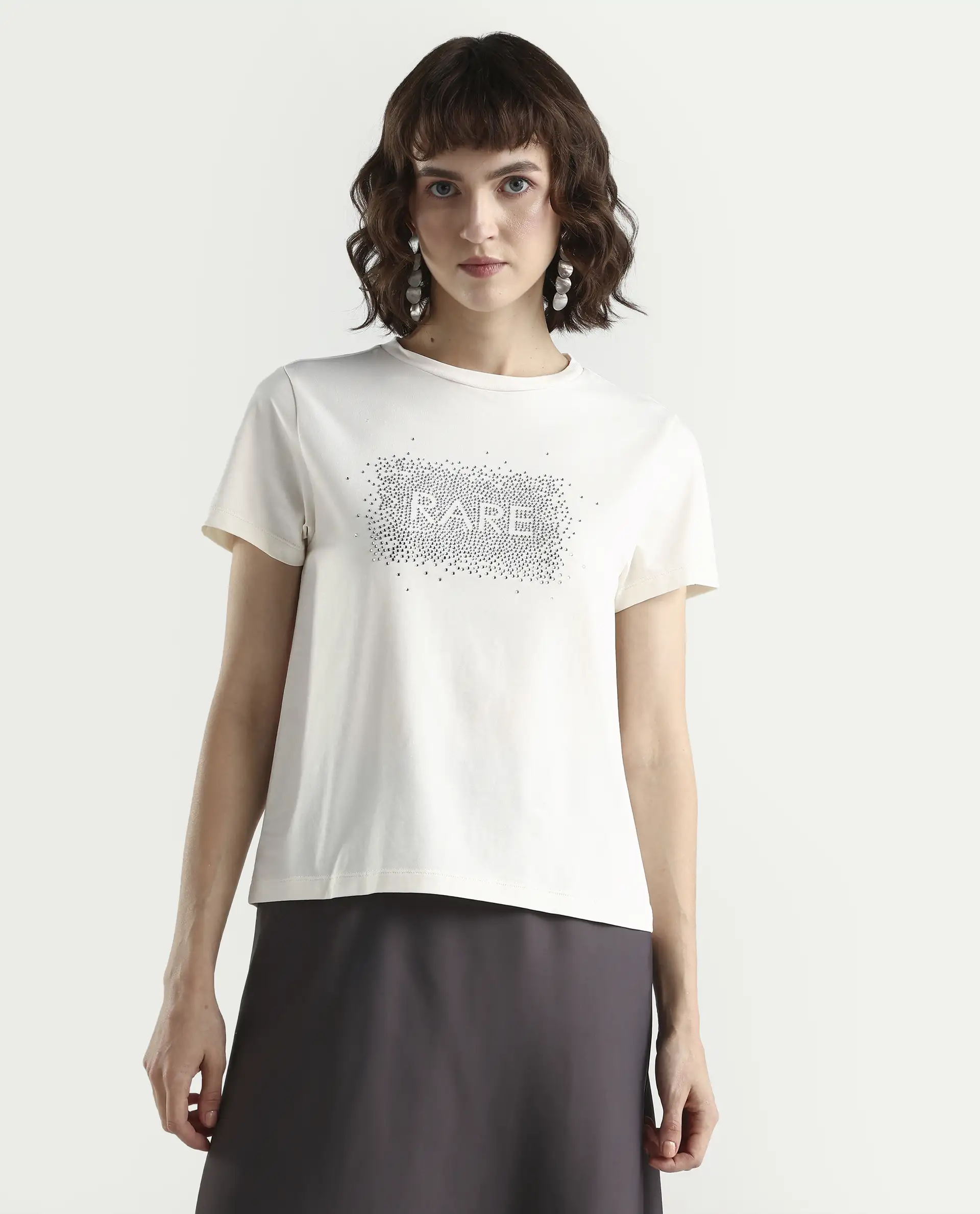 Rareism Women's Zephyr Off White Cotton Blend Half Sleeve Regular Fit Printed T-Shirt - Image 3