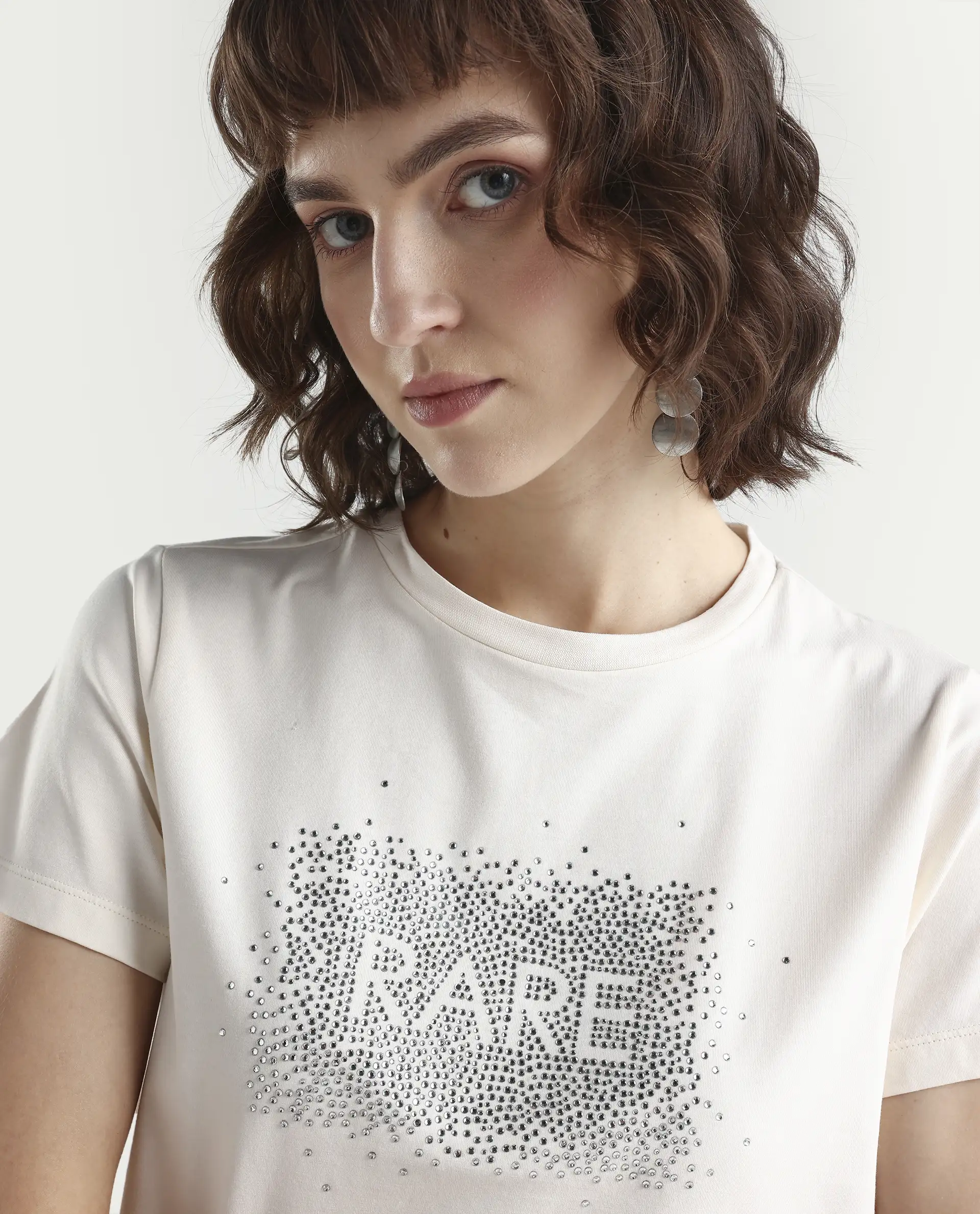 Rareism Women's Zephyr Off White Cotton Blend Half Sleeve Regular Fit Printed T-Shirt - Image 4