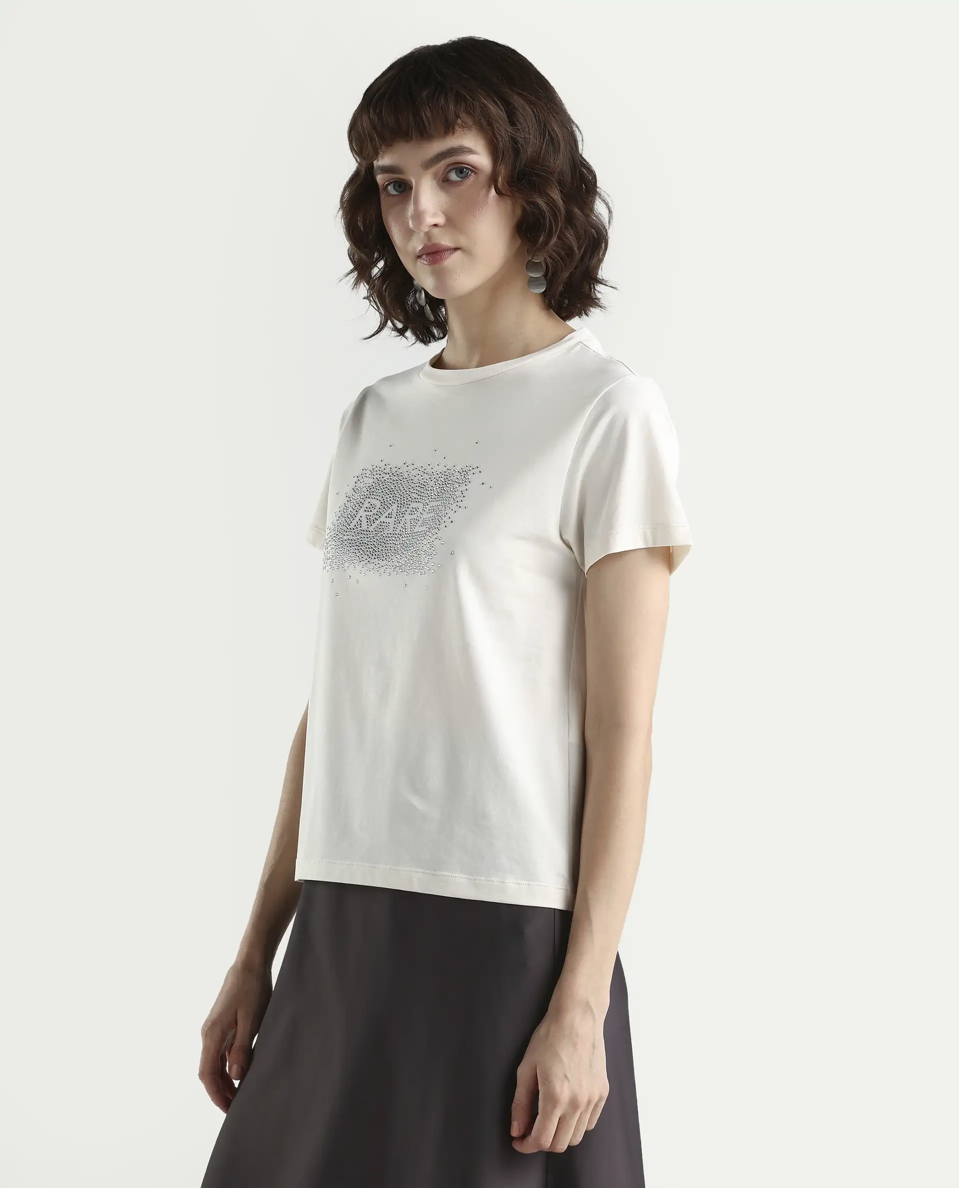 Rareism Women's Zephyr Off White Cotton Blend Half Sleeve Regular Fit Printed T-Shirt - Image 5
