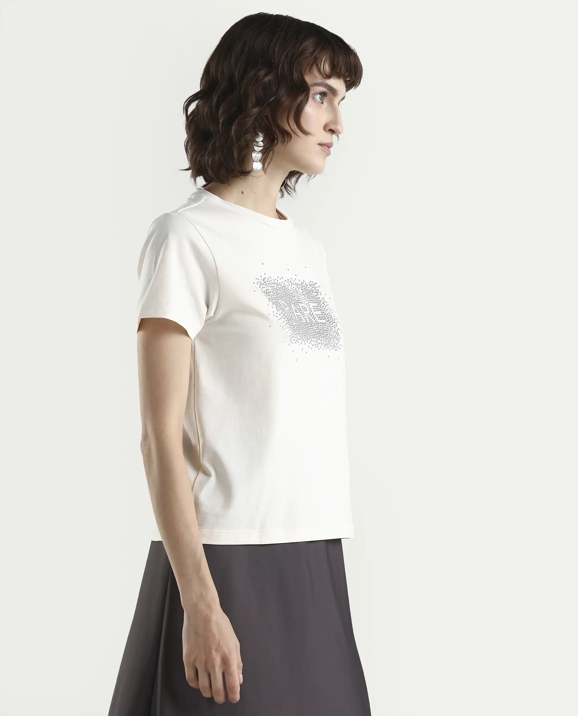 Rareism Women's Zephyr Off White Cotton Blend Half Sleeve Regular Fit Printed T-Shirt - Image 6