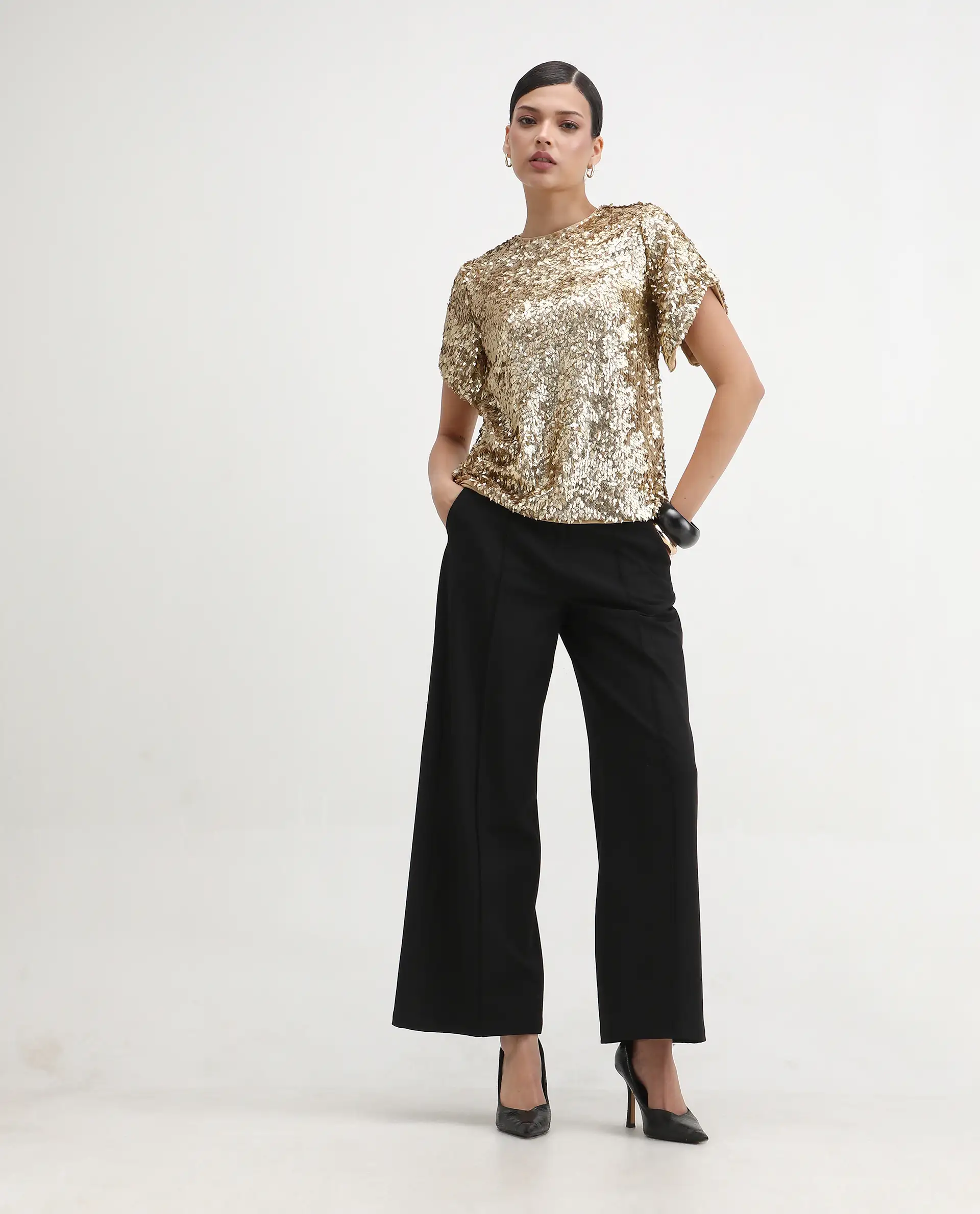 Rareism Women's Zepla Mettalic Gold Sequined Crew Neck Sequined Regular Fit Top - Image 2