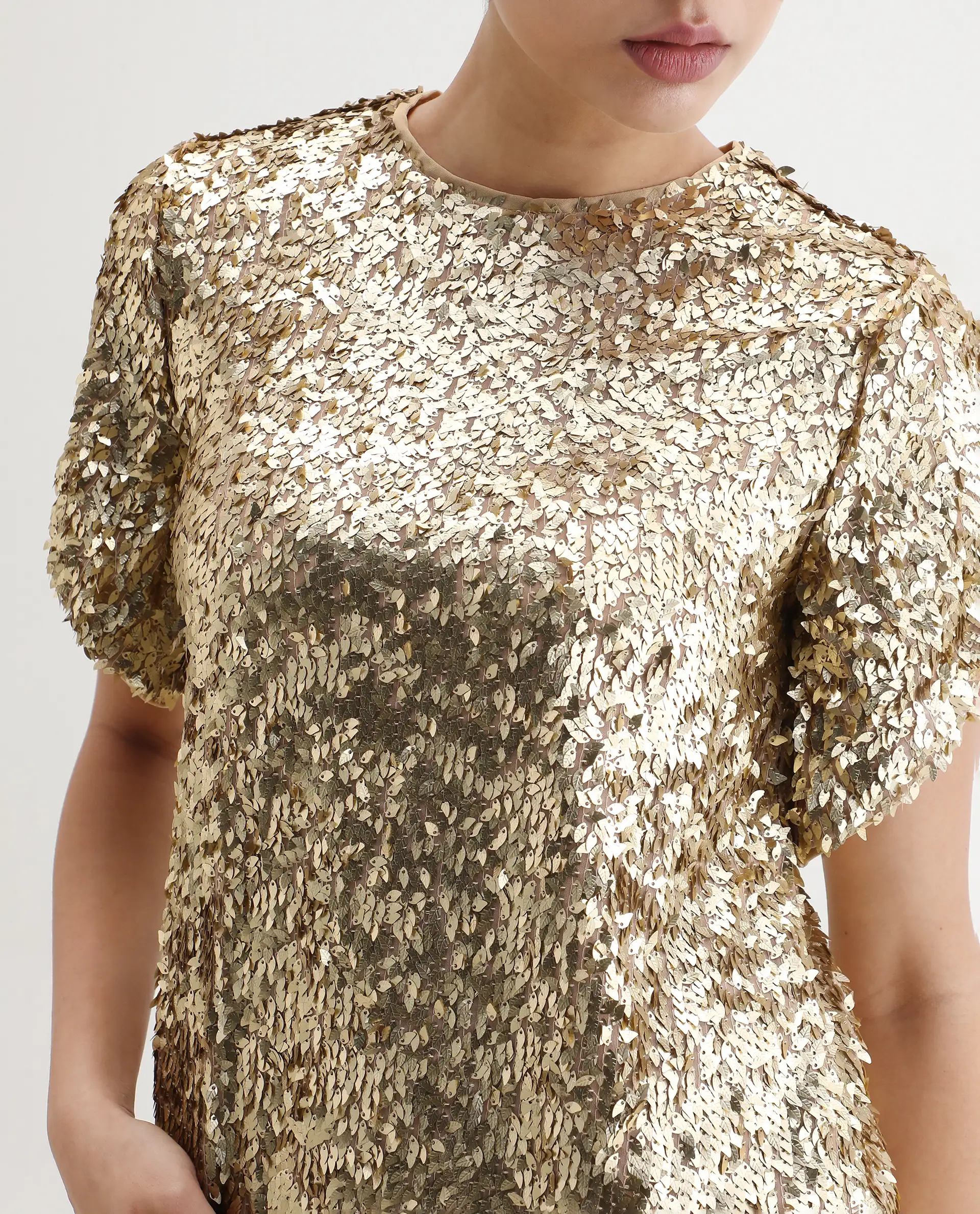 Rareism Women's Zepla Mettalic Gold Sequined Crew Neck Sequined Regular Fit Top - Image 3