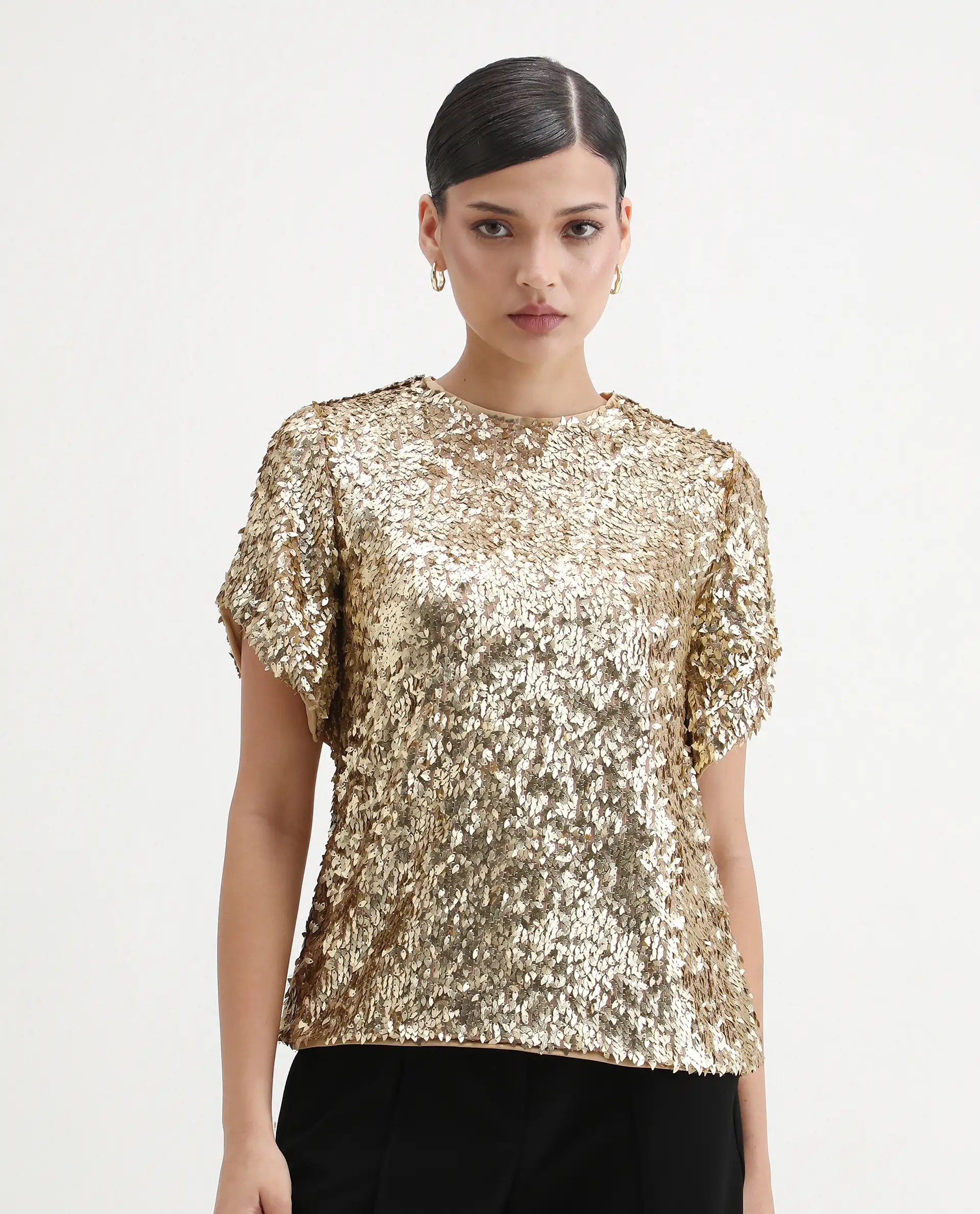 Rareism Women's Zepla Mettalic Gold Sequined Crew Neck Sequined Regular Fit Top - Image 4