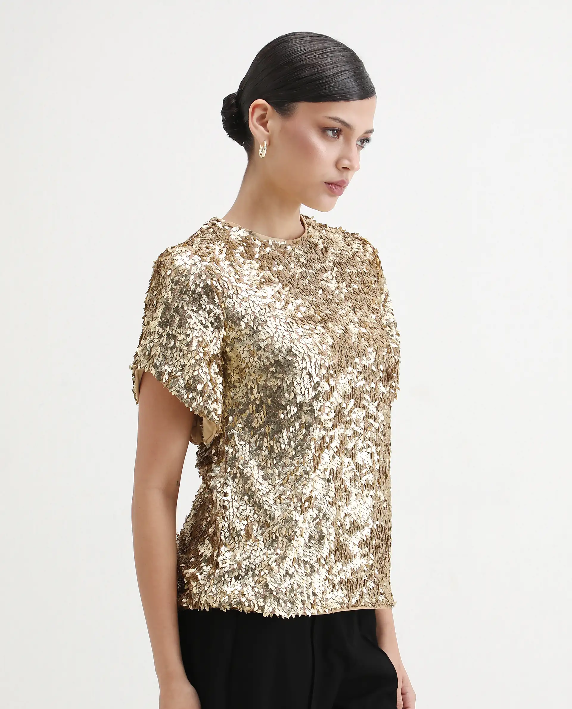 Rareism Women's Zepla Mettalic Gold Sequined Crew Neck Sequined Regular Fit Top - Image 5