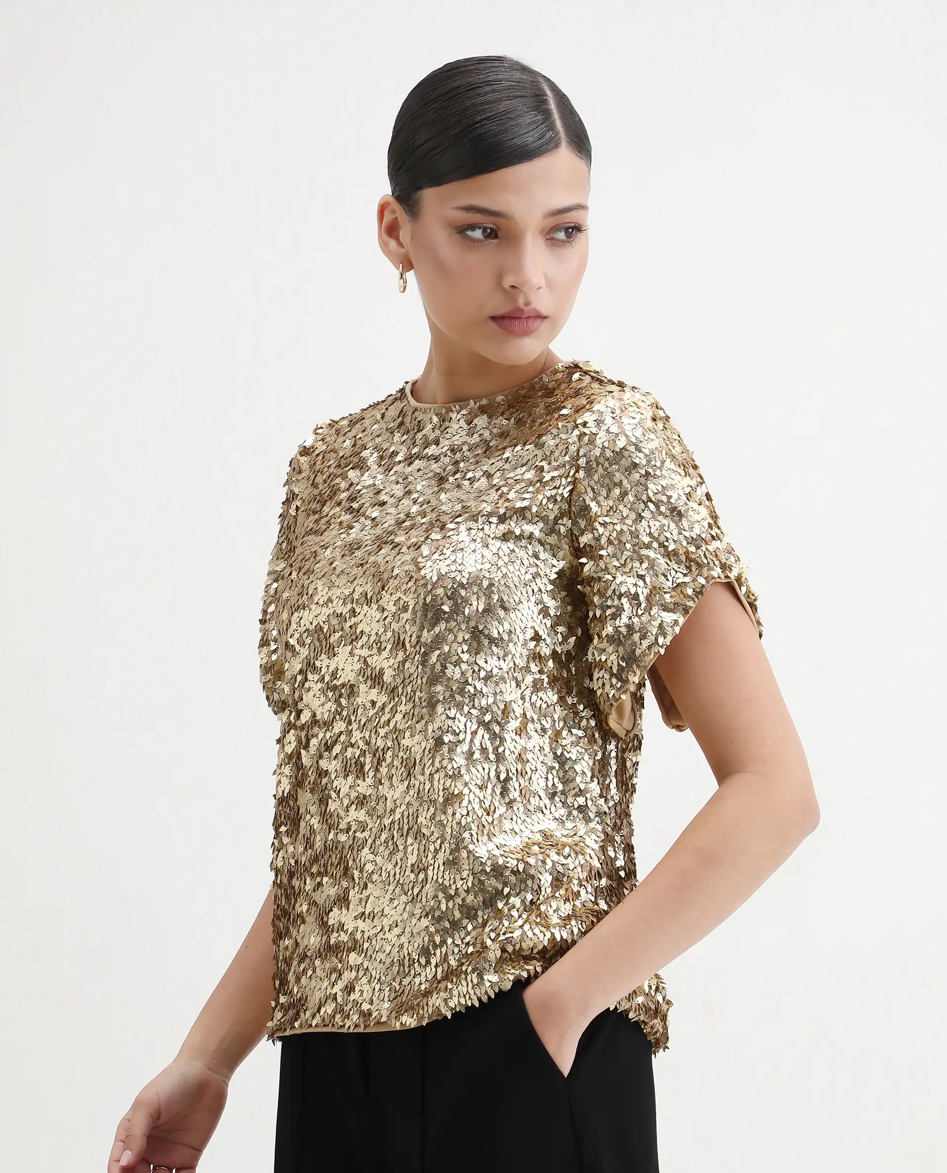 Rareism Women's Zepla Mettalic Gold Sequined Crew Neck Sequined Regular Fit Top - Image 6