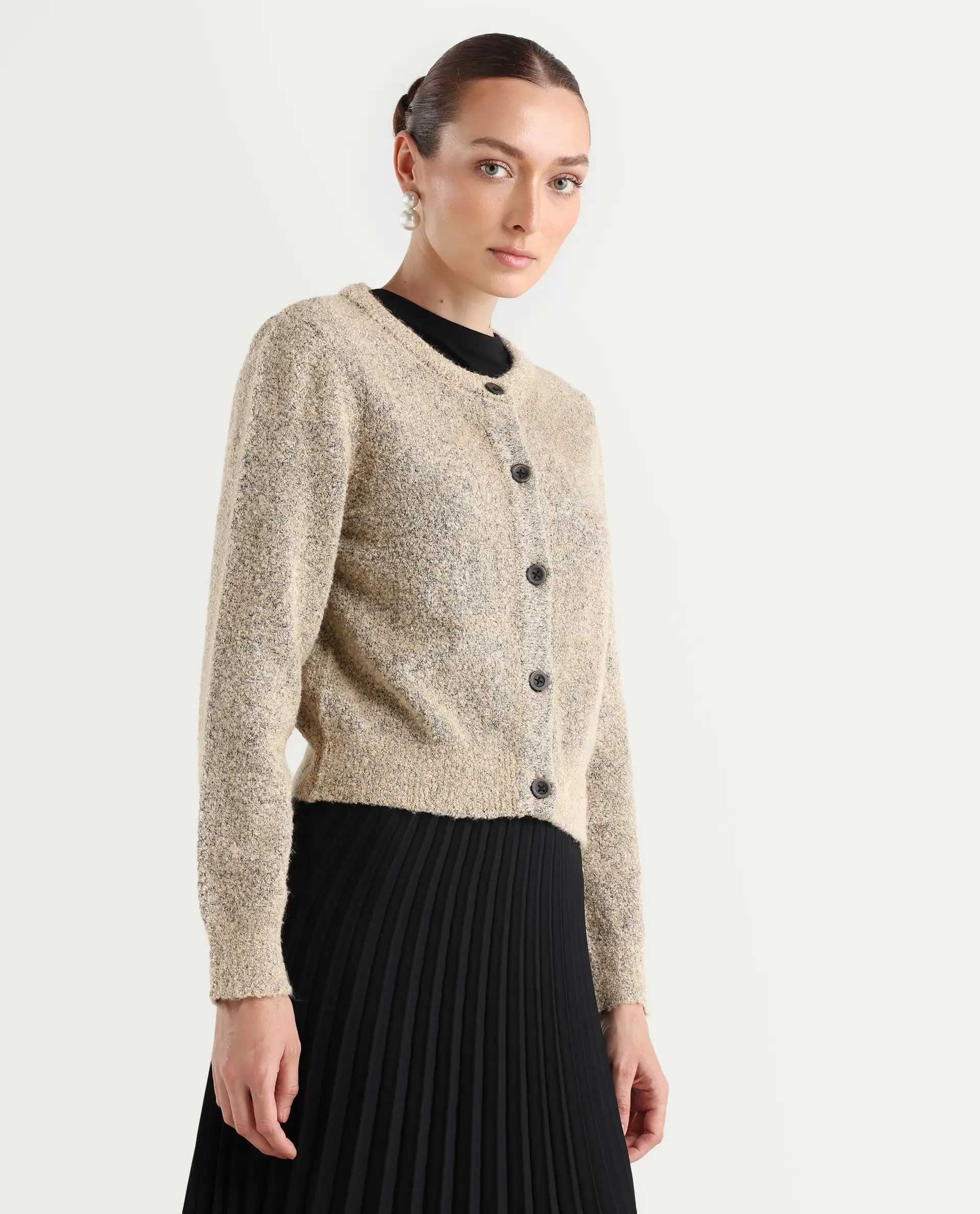 Rareism Women's Zer Beige Acrylic Blend Crew Neck Regular Fit Cardigan - Image 7