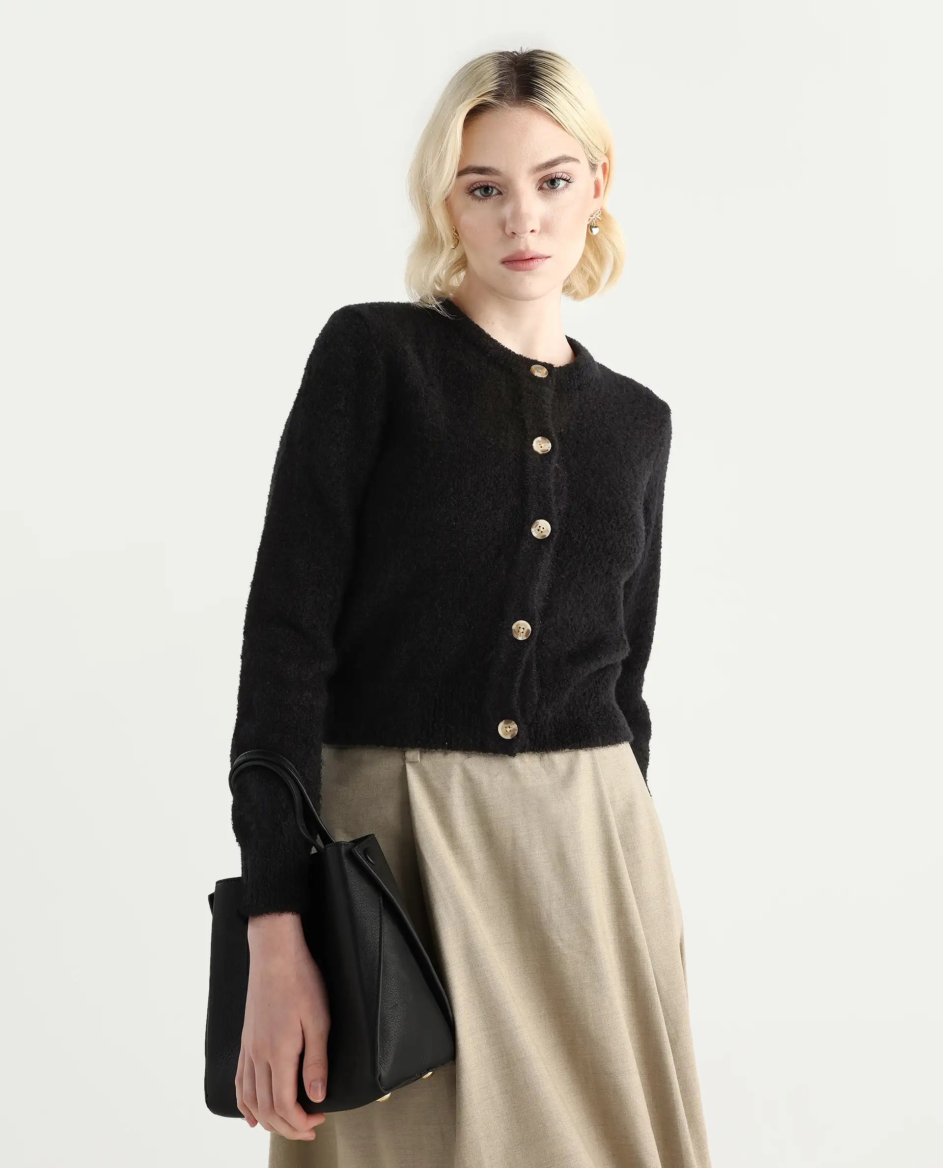 Rareism Women's Zer Black Acrylic Blend Crew Neck Regular Fit Cardigan