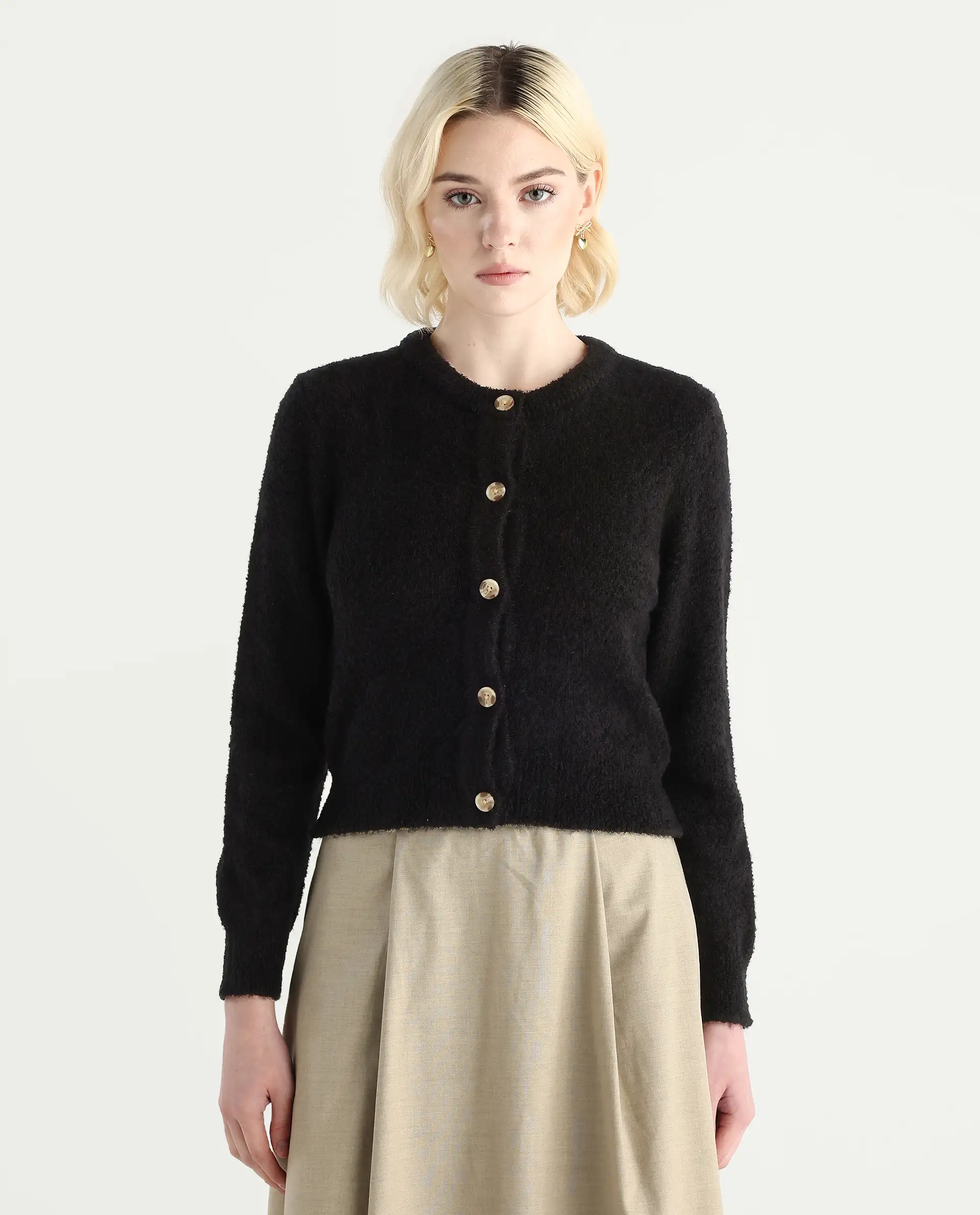 Rareism Women's Zer Black Acrylic Blend Crew Neck Regular Fit Cardigan - Image 4