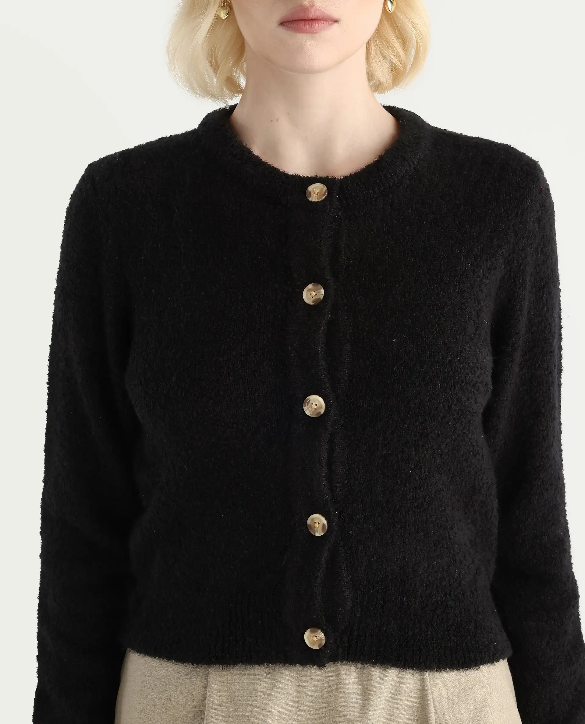Rareism Women's Zer Black Acrylic Blend Crew Neck Regular Fit Cardigan - Image 5