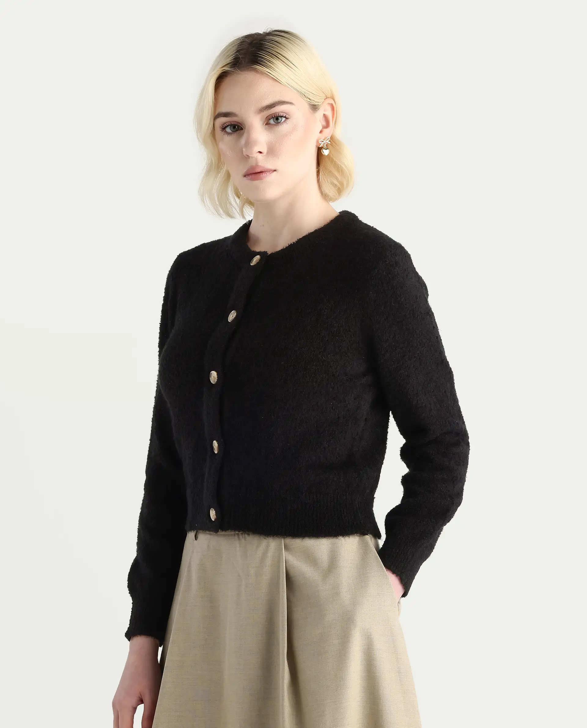 Rareism Women's Zer Black Acrylic Blend Crew Neck Regular Fit Cardigan - Image 6