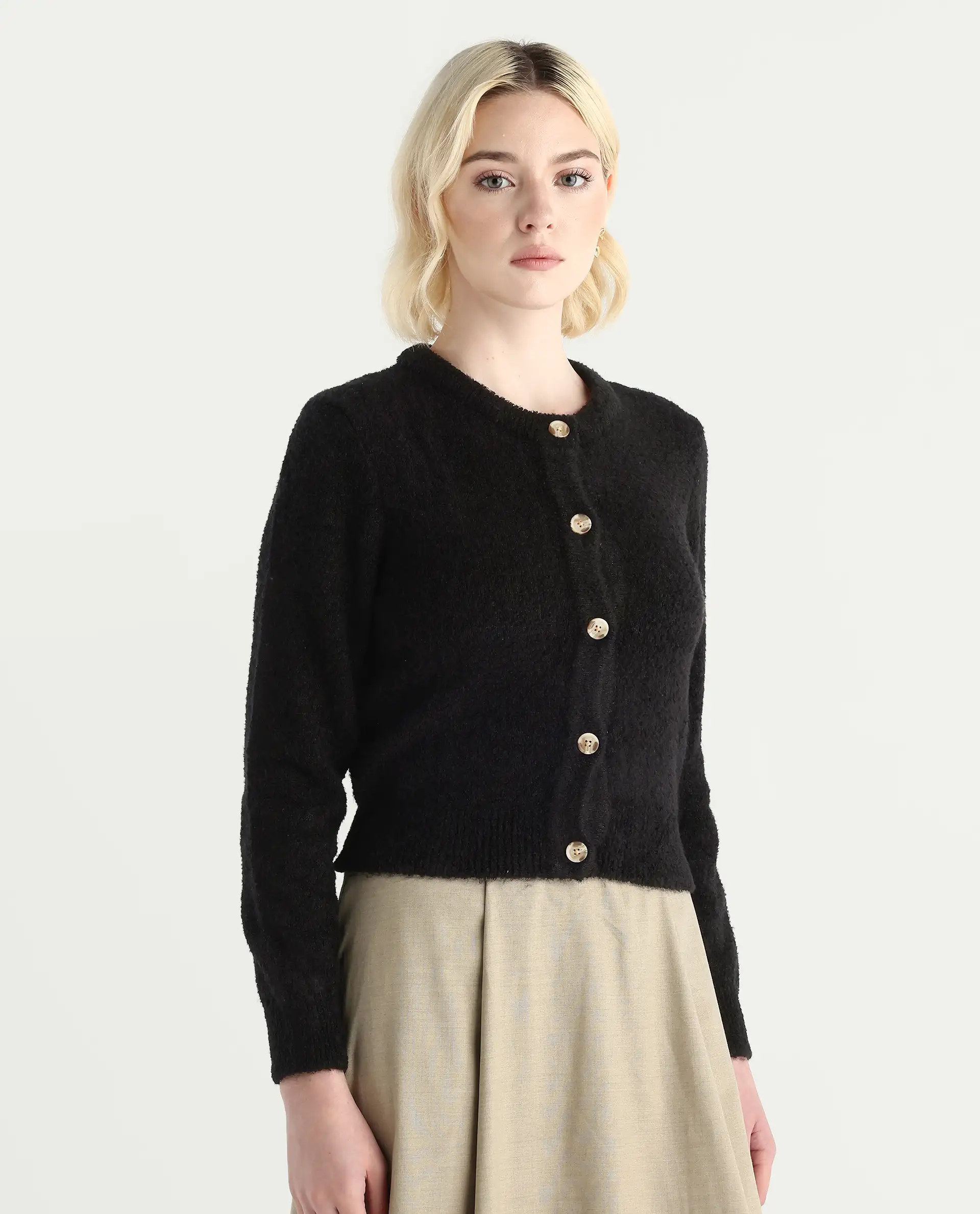 Rareism Women's Zer Black Acrylic Blend Crew Neck Regular Fit Cardigan - Image 7