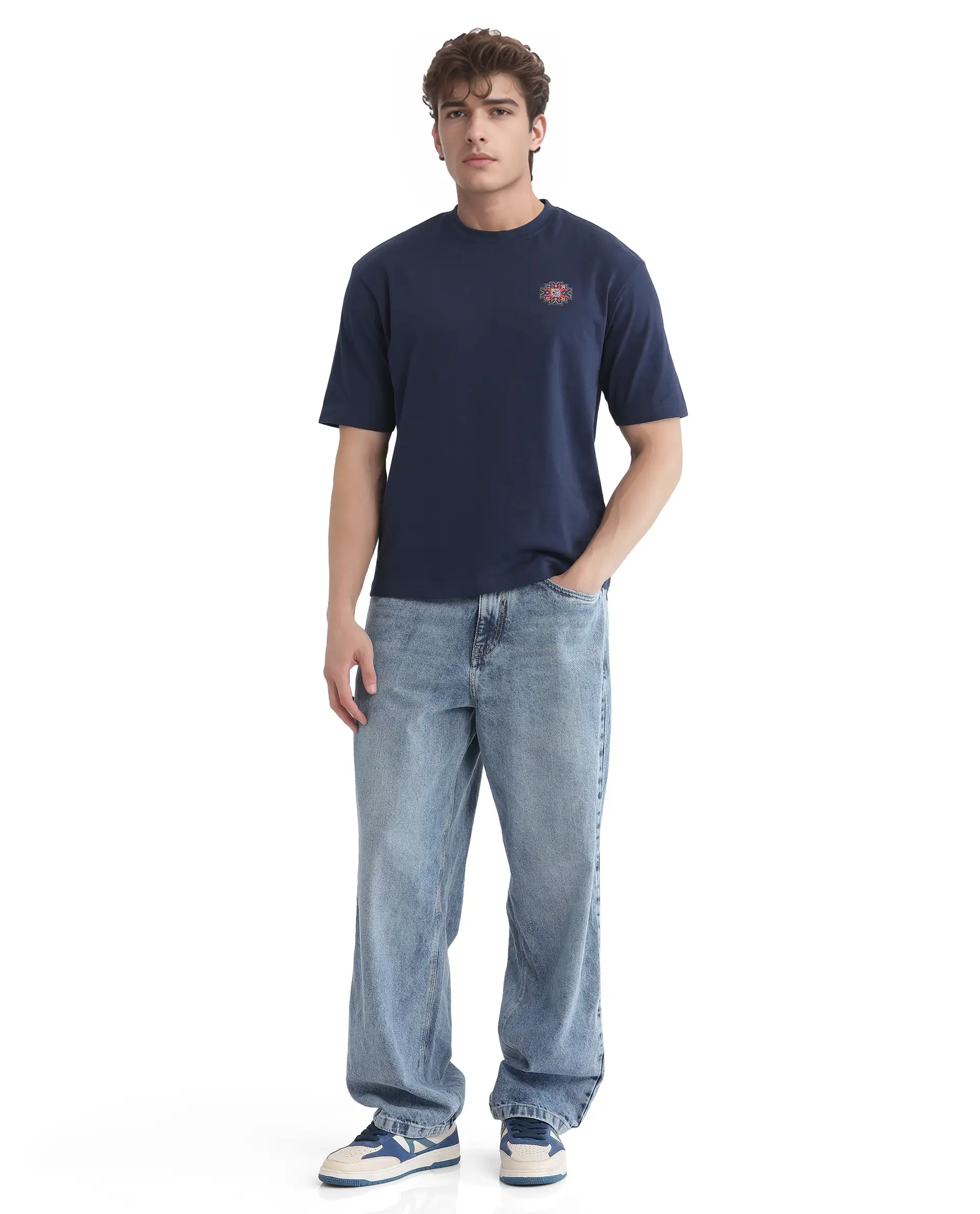 Rare Rabbit Men's Zera Navy Cotton Graphic Print Oversized Fit Half Sleeve Crew Neck T-Shirt - Image 2