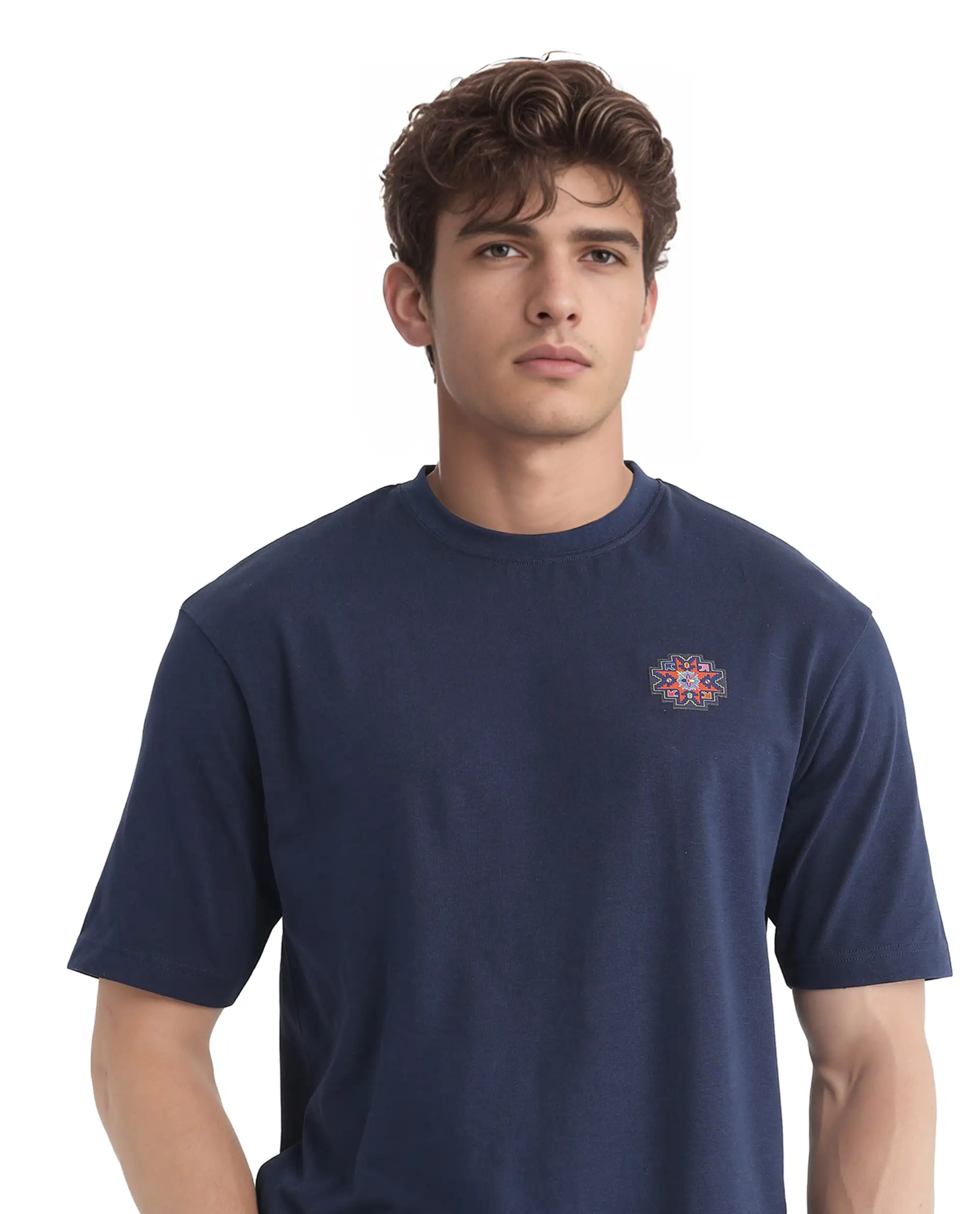 Rare Rabbit Men's Zera Navy Cotton Graphic Print Oversized Fit Half Sleeve Crew Neck T-Shirt - Image 3
