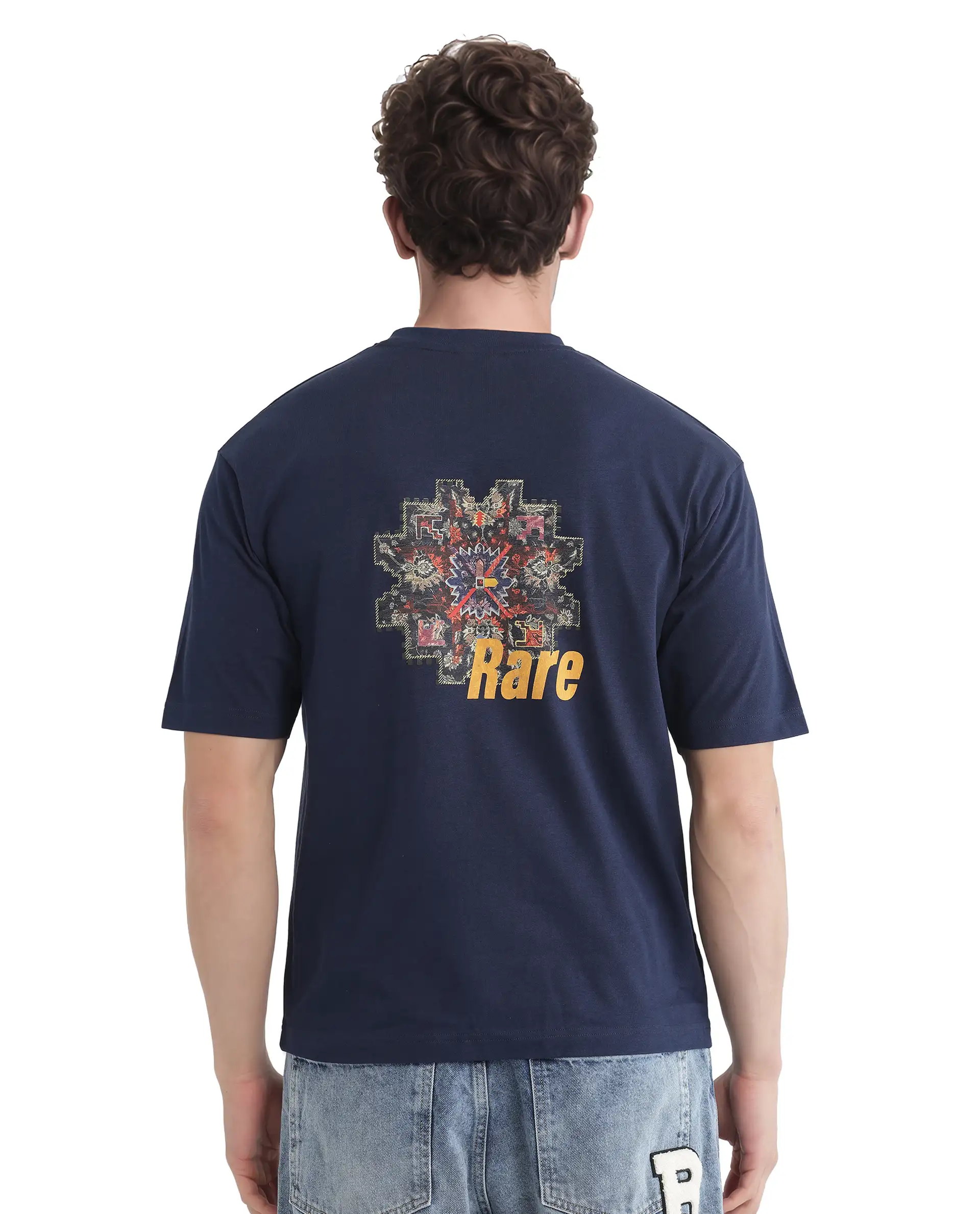 Rare Rabbit Men's Zera Navy Cotton Graphic Print Oversized Fit Half Sleeve Crew Neck T-Shirt - Image 4