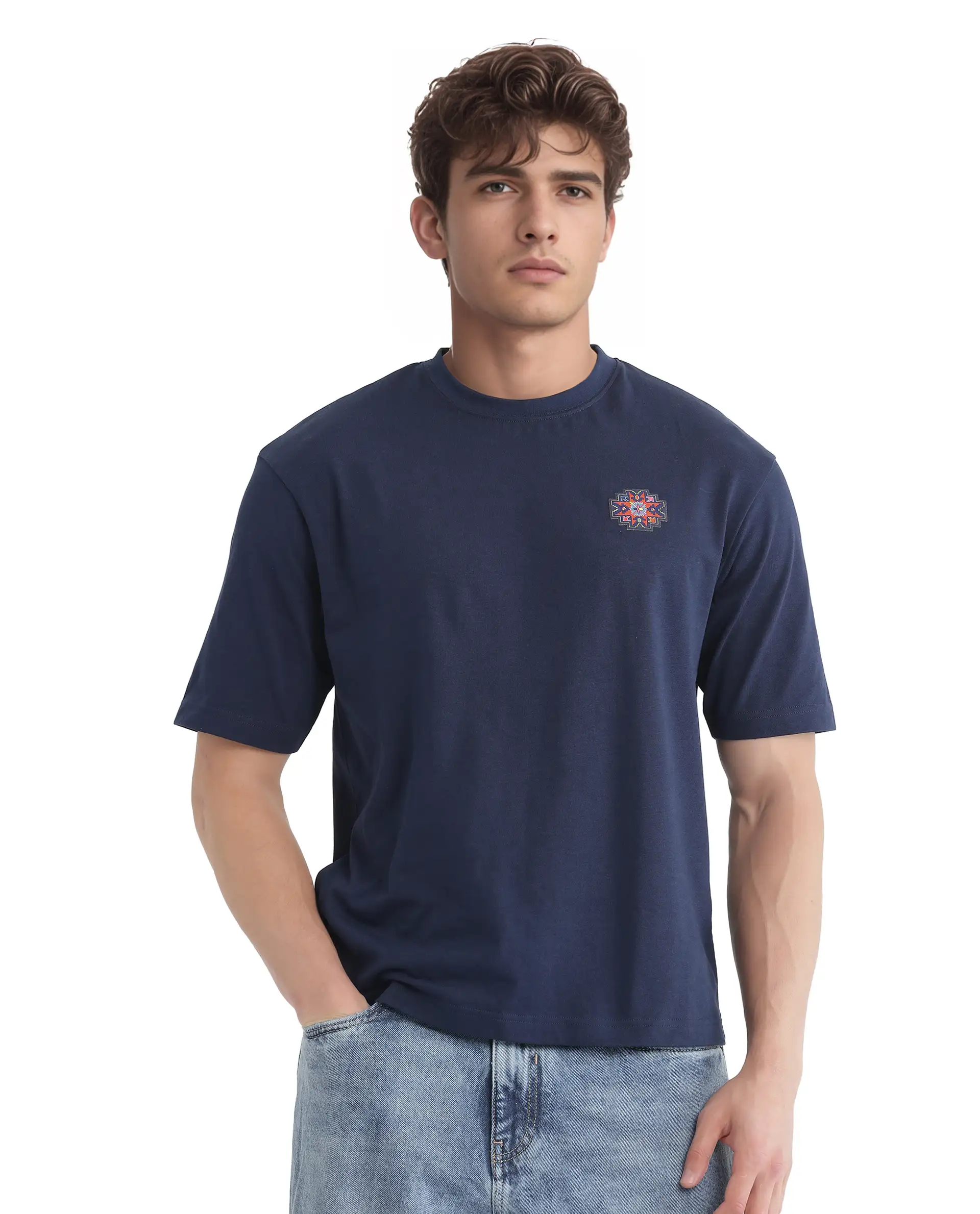 Rare Rabbit Men's Zera Navy Cotton Graphic Print Oversized Fit Half Sleeve Crew Neck T-Shirt - Image 5
