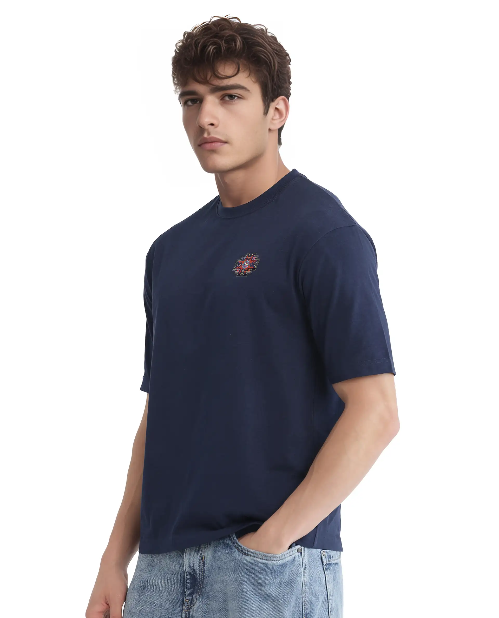 Rare Rabbit Men's Zera Navy Cotton Graphic Print Oversized Fit Half Sleeve Crew Neck T-Shirt - Image 7