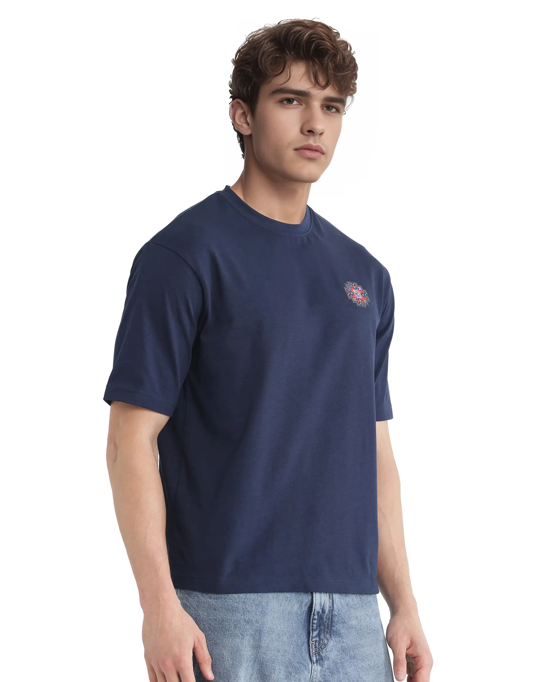 Rare Rabbit Men's Zera Navy Cotton Graphic Print Oversized Fit Half Sleeve Crew Neck T-Shirt - Image 8