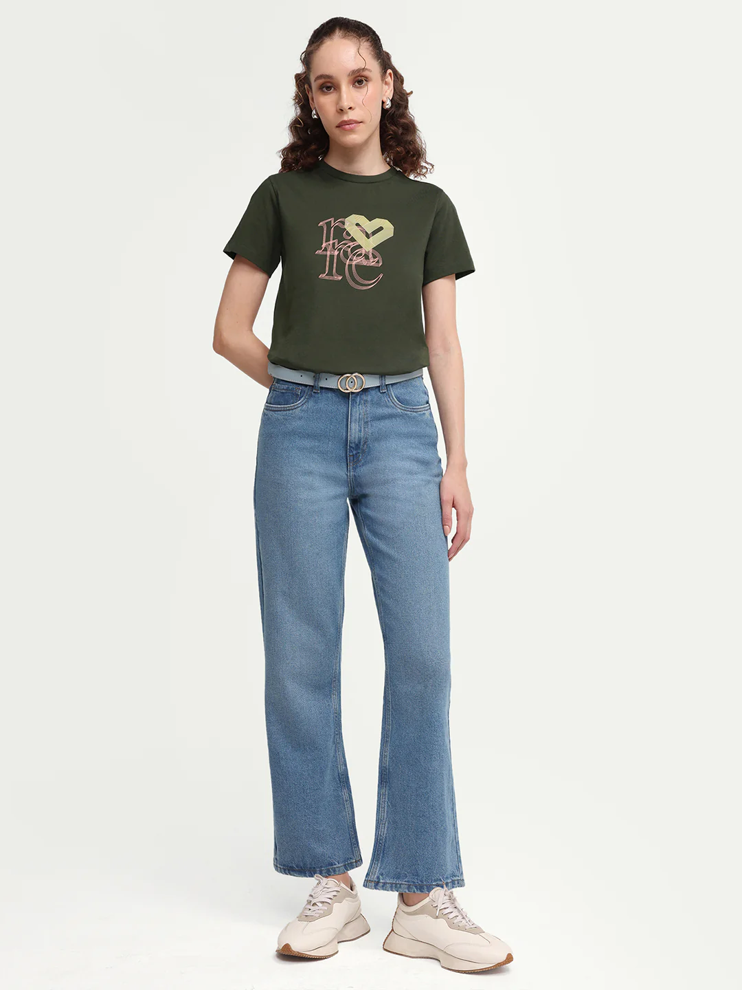Rareism Women's Zera Olive Cotton Crew Neck Pull-On Regular Graphic Print T-Shirt - Image 2